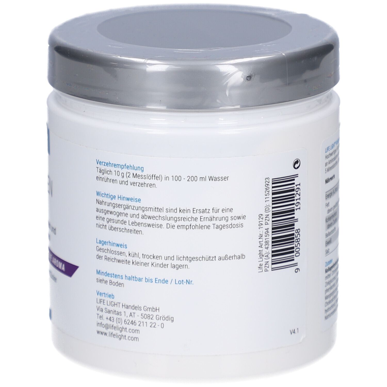 Rückseite der Dose. Enthält Verzehrempfehlung, wichtige Hinweise und Kontaktinformationen. Text in deutscher Sprache.