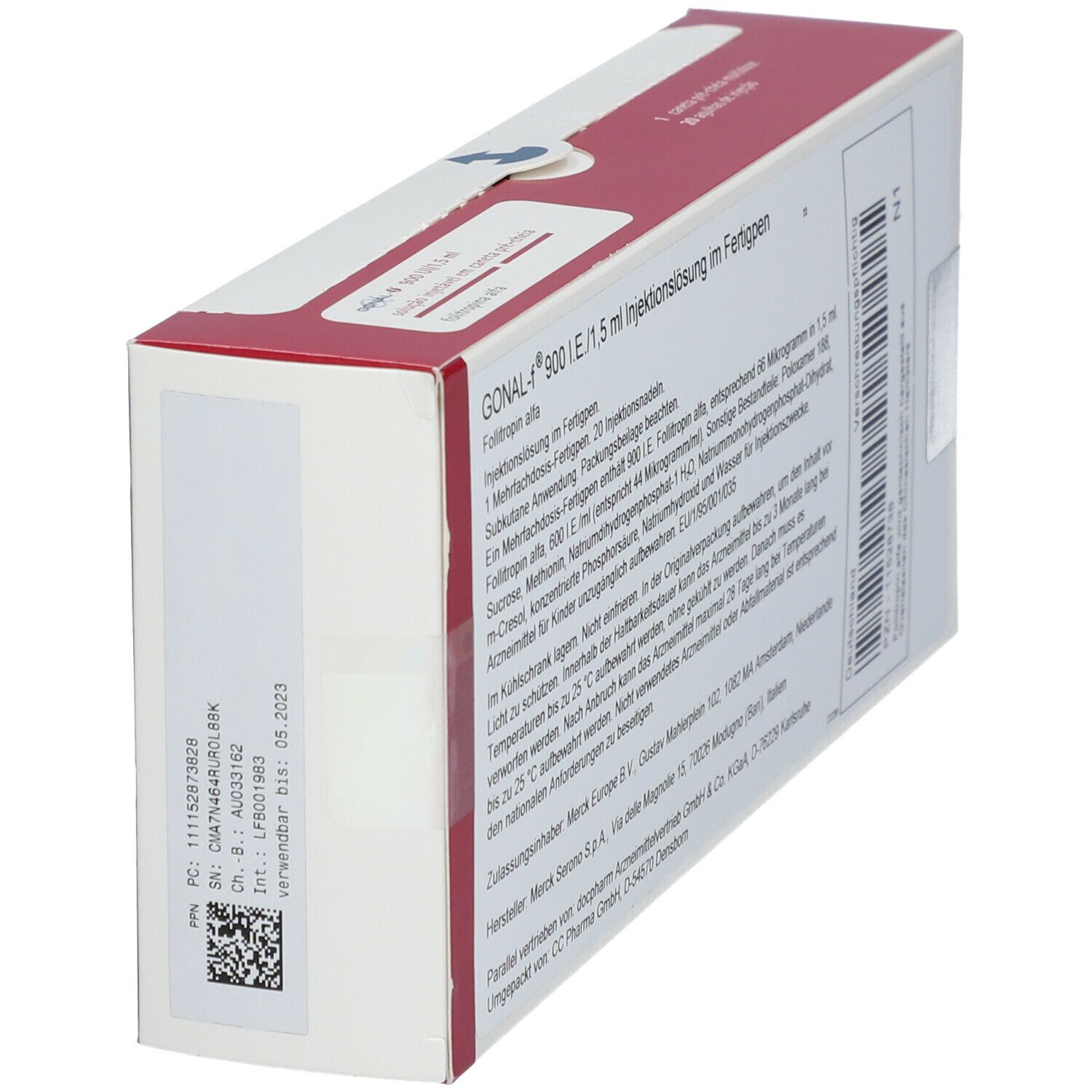 Seitenansicht der GONAL-f Verpackung. Weißer Karton mit roter Akzentfarbe. Enthält Informationen wie Chargennummer und Verfallsdatum.