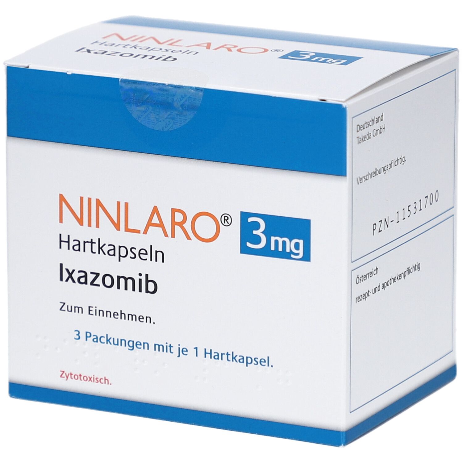 Schachtel mit Ninlaro® 3 mg Hartkapseln. Text: Ninlaro®, 3 mg, Hartkapseln, Ixazomib. 3 Packungen mit je 1 Hartkapsel.