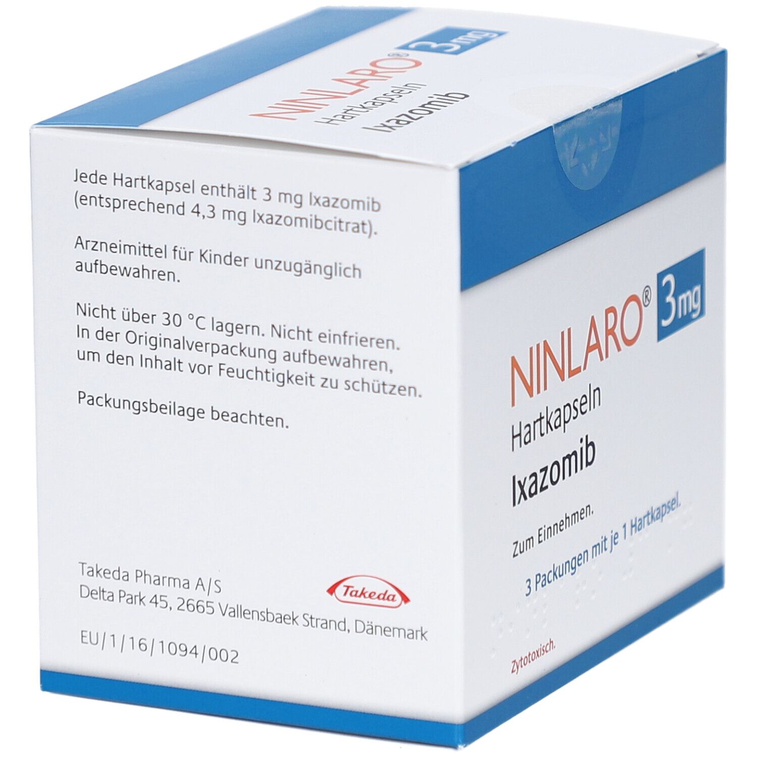 Schachtel mit Ninlaro® 3 mg Hartkapseln. Text: Ninlaro®, 3 mg, Hartkapseln, Ixazomib. Takeda Pharma A/S. 3 Packungen mit je 1 Hartkapsel.
