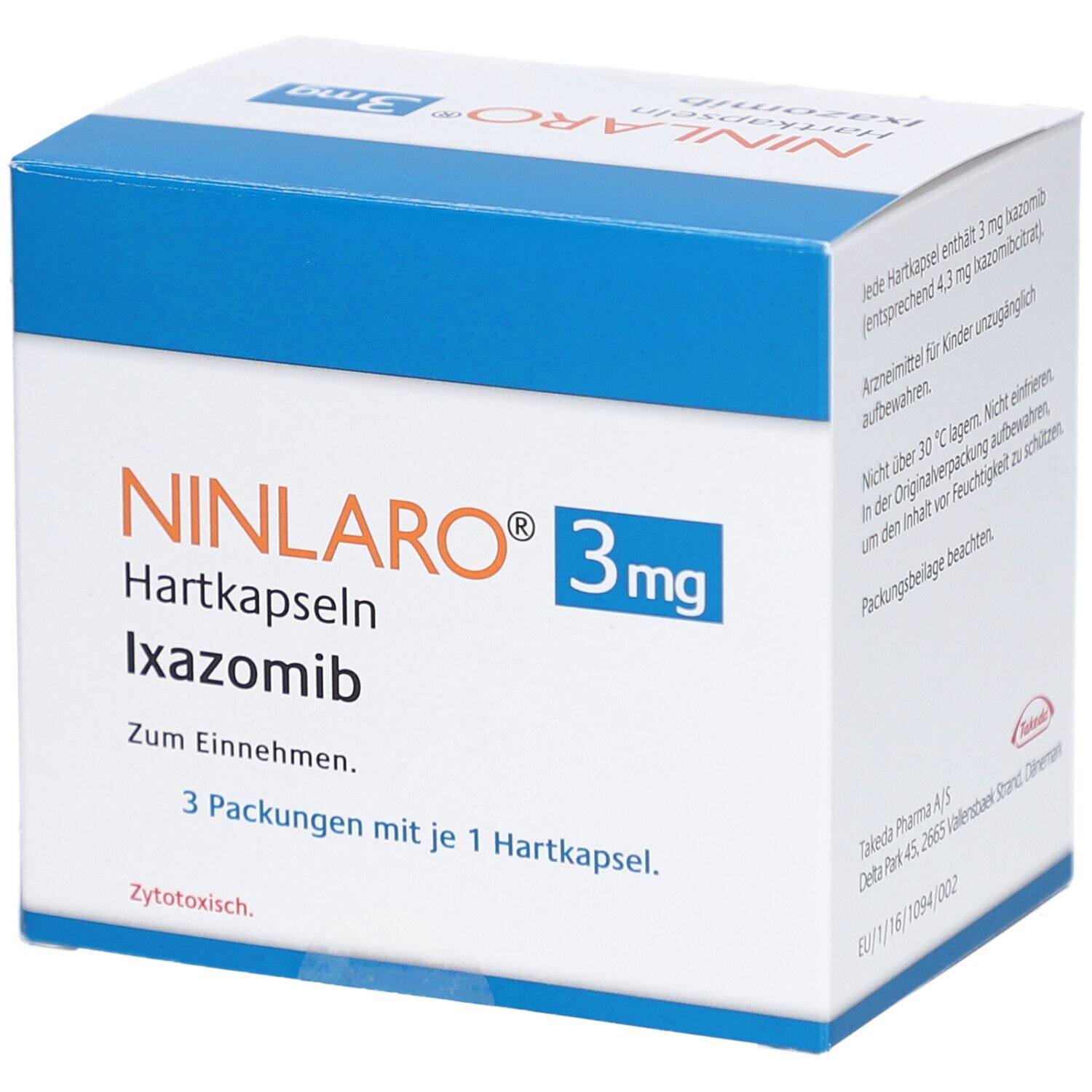 Schachtel mit Ninlaro® 3 mg Hartkapseln. Text: Ninlaro®, 3 mg, Hartkapseln, Ixazomib. 3 Packungen mit je 1 Hartkapsel.