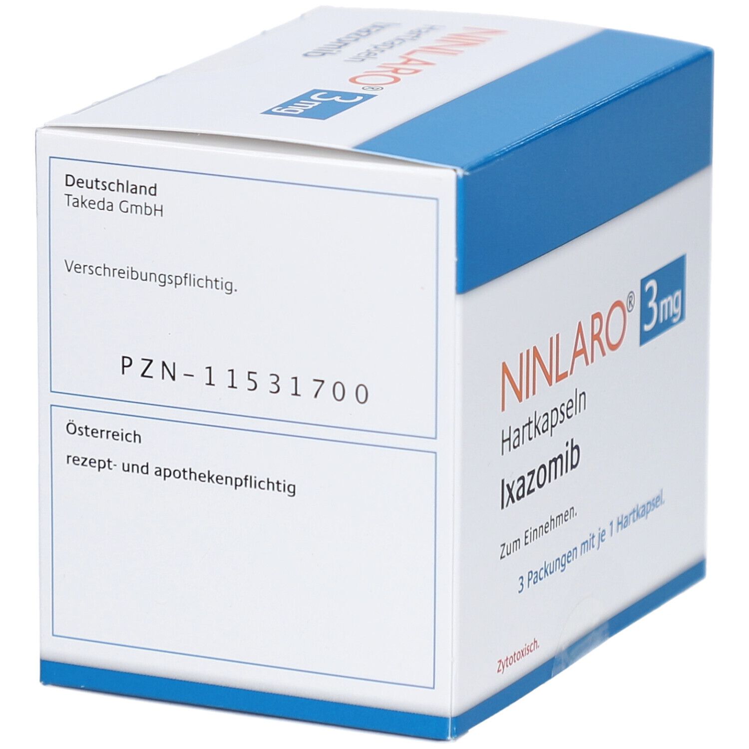 Schachtel mit Ninlaro® 3 mg Hartkapseln. Text: Ninlaro®, 3 mg, Hartkapseln, Ixazomib. PZN-11531700. Rezept- und apothekenpflichtig.
