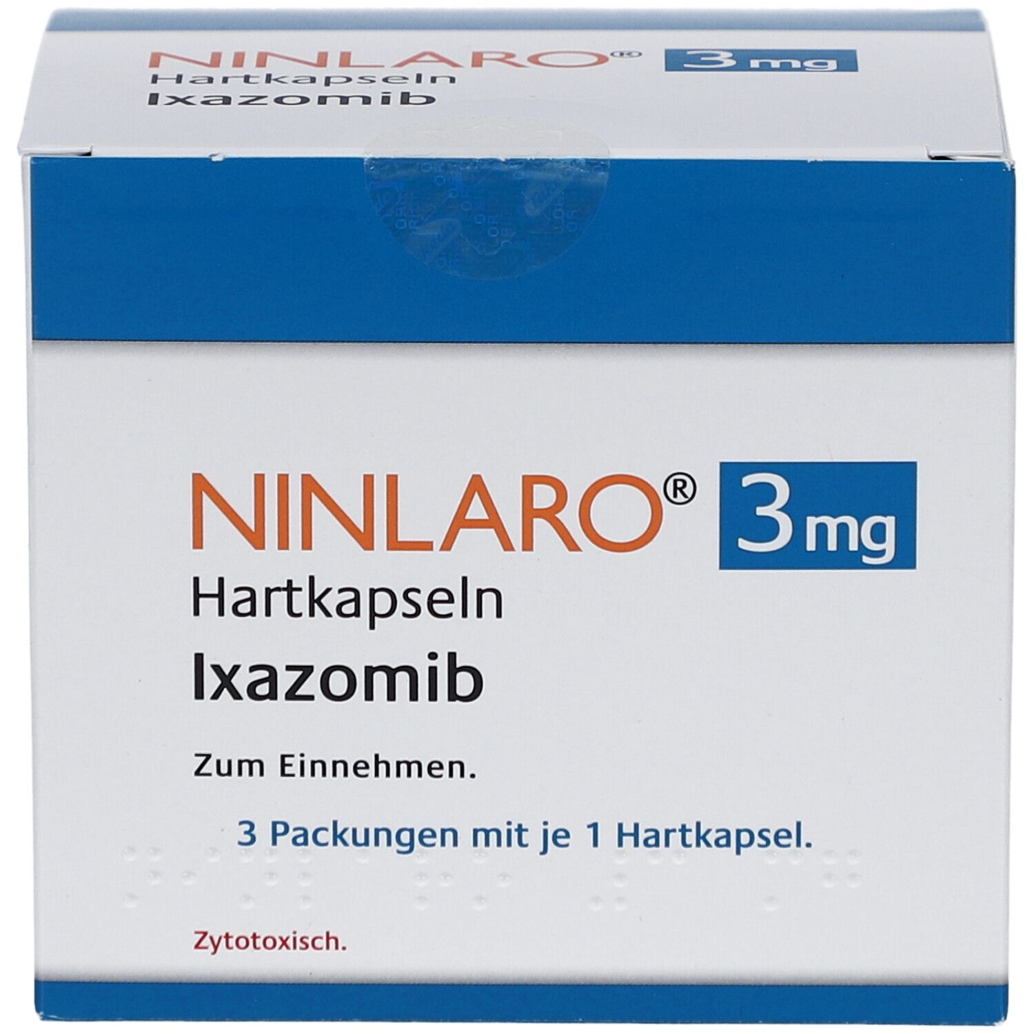 Schachtel mit Ninlaro® 3 mg Hartkapseln. Text: Ninlaro®, 3 mg, Hartkapseln, Ixazomib. 3 Packungen mit je 1 Hartkapsel.