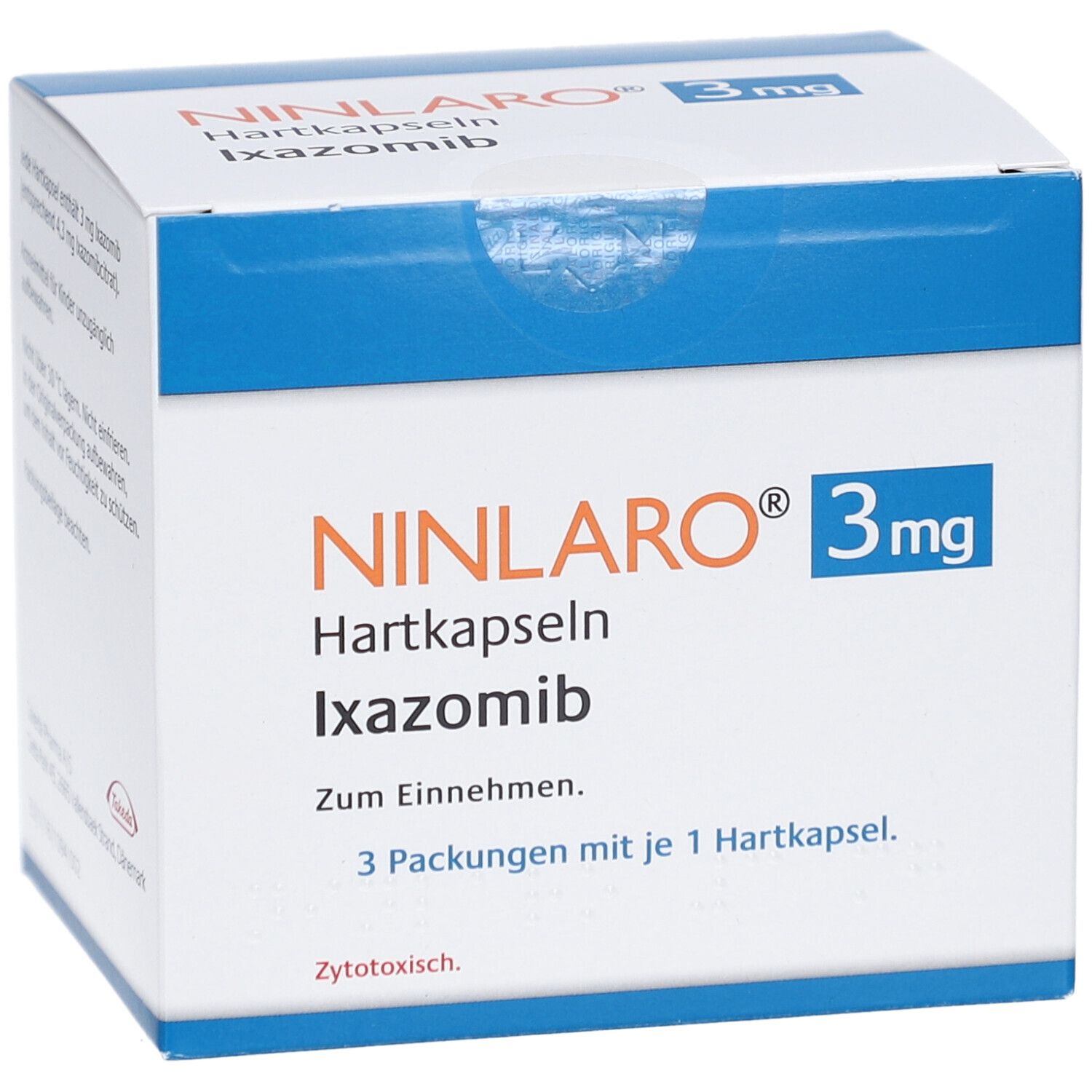 Schachtel mit Ninlaro® 3 mg Hartkapseln. Text: Ninlaro®, 3 mg, Hartkapseln, Ixazomib. 3 Packungen mit je 1 Hartkapsel.