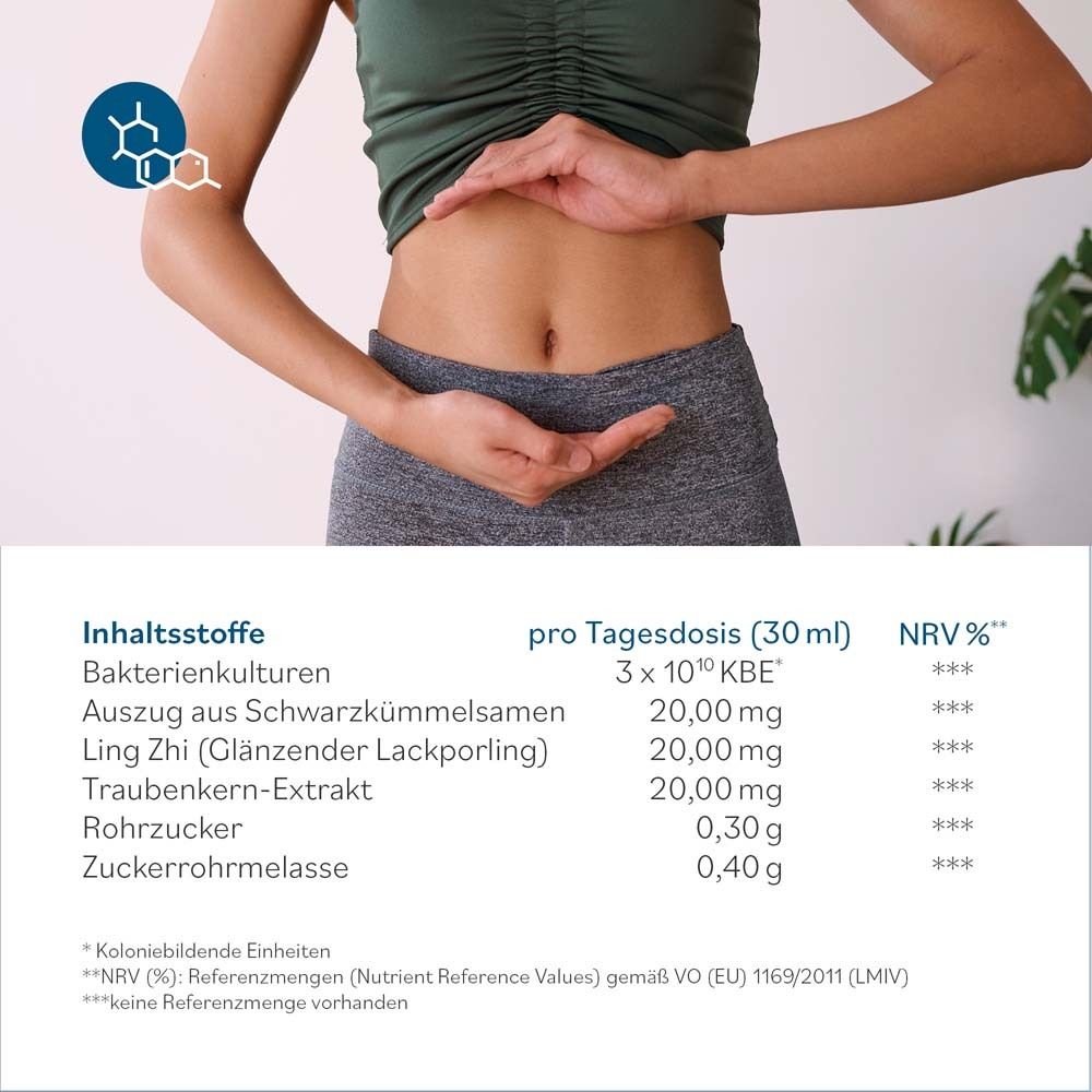 Inhaltsstoffe und Nährwertangaben pro Tagesdosis (30 ml). Text: Bakterienkulturen, Schwarzkümmelsamen, Ling Zhi.