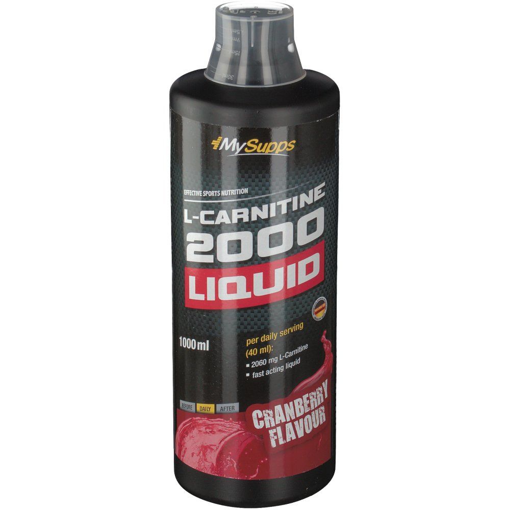 Schwarze Flasche mit Etikett. Aufschrift: L-Carnitin 2000 Liquid, Cranberry Flavour. Marke: MySupps. 1000 ml.