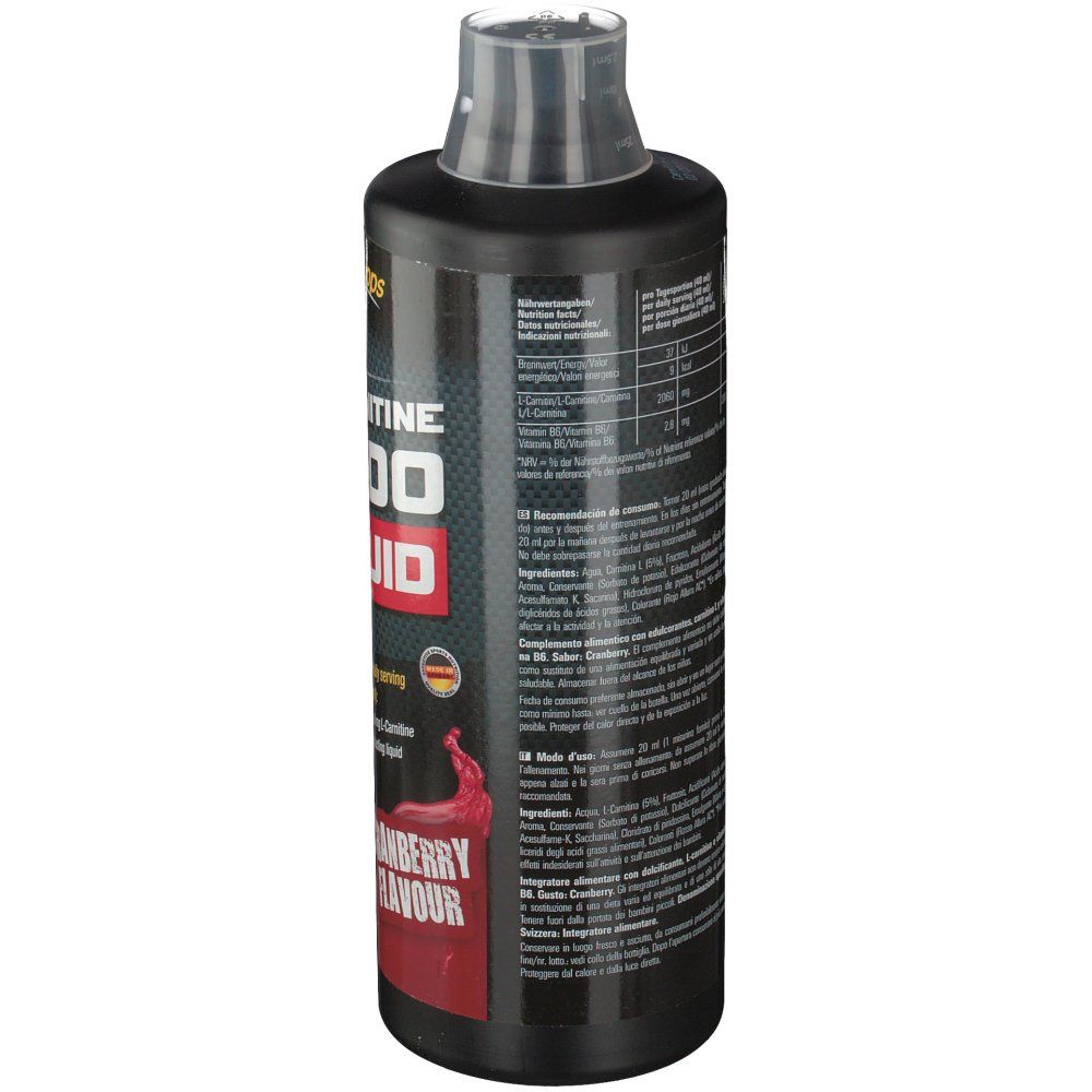 Schwarze Flasche mit Etikett. Aufschrift: L-Carnitin 2000 Liquid, Cranberry Flavour. Marke: MySupps. Rückseite mit Inhaltsangaben.