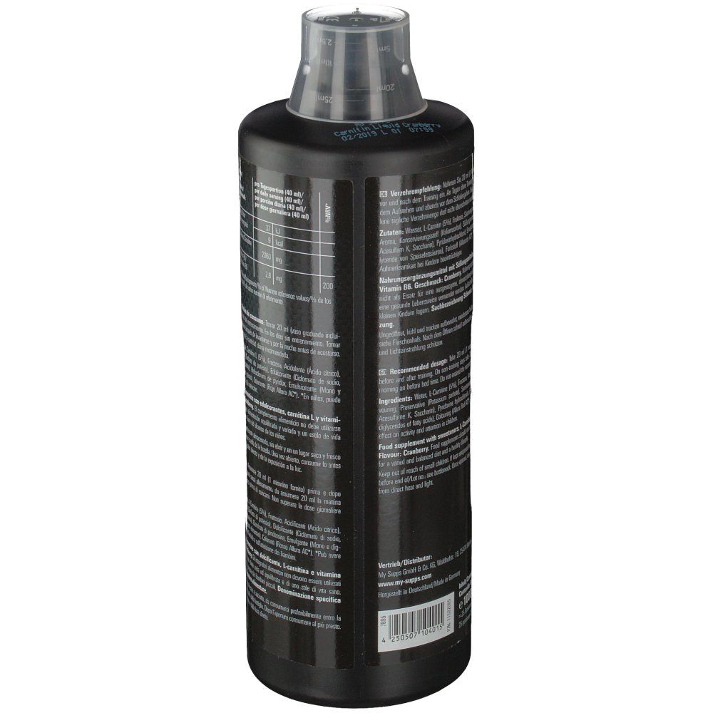 Schwarze Flasche mit Etikett. Rückseite mit Inhaltsangaben. Marke: MySupps. Transparenter Verschluss.