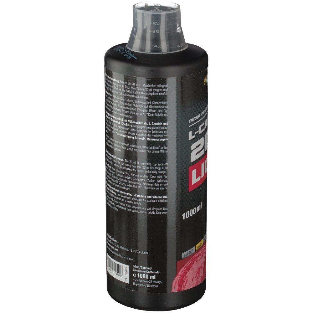 Schwarze Flasche mit Etikett. Aufschrift: L-Carnitin 2000 Liquid, Cranberry Flavour. Marke: MySupps. 1000 ml.