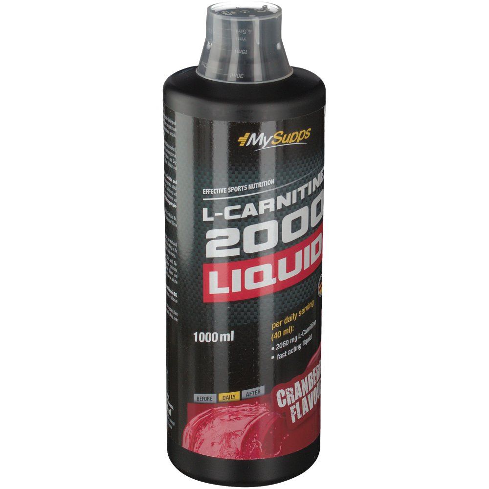 Schwarze Flasche mit Etikett. Aufschrift: L-Carnitin 2000 Liquid, Cranberry Flavour. Marke: MySupps. 1000 ml.