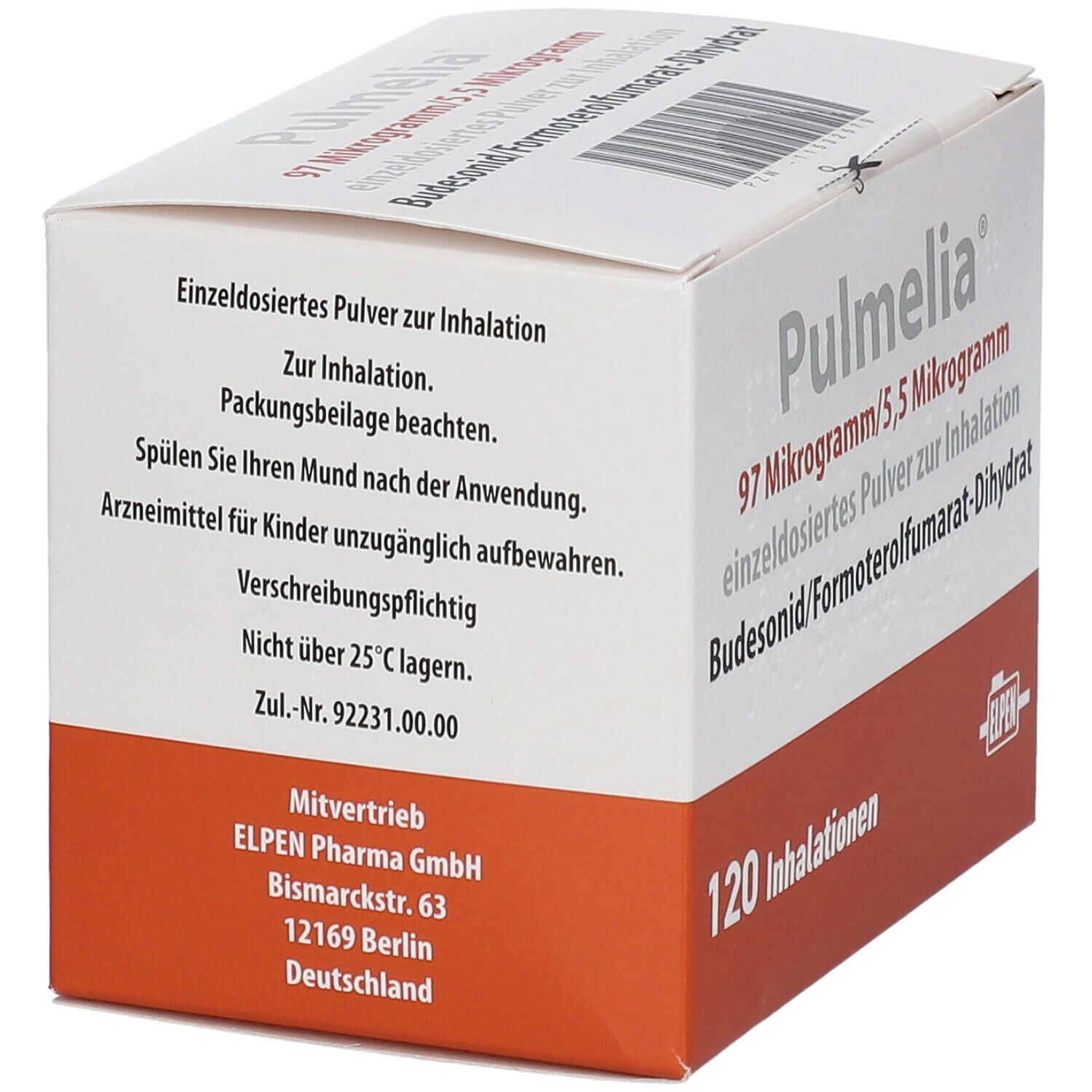 Pulmelia-Packung. Weiße Schachtel mit rotem Boden. Beschriftung: 97 Mikrogramm/5,5 Mikrogramm, 120 Inhalationen. ELPEN Pharma GmbH.