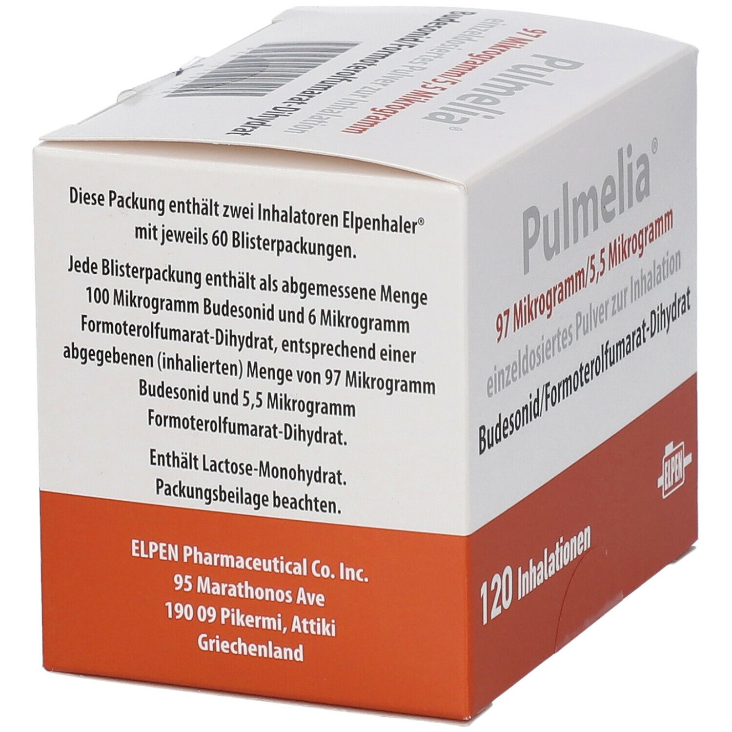 Pulmelia-Packung. Weiße Schachtel mit rotem Boden. Beschriftung: 97 Mikrogramm/5,5 Mikrogramm, 120 Inhalationen. ELPEN.