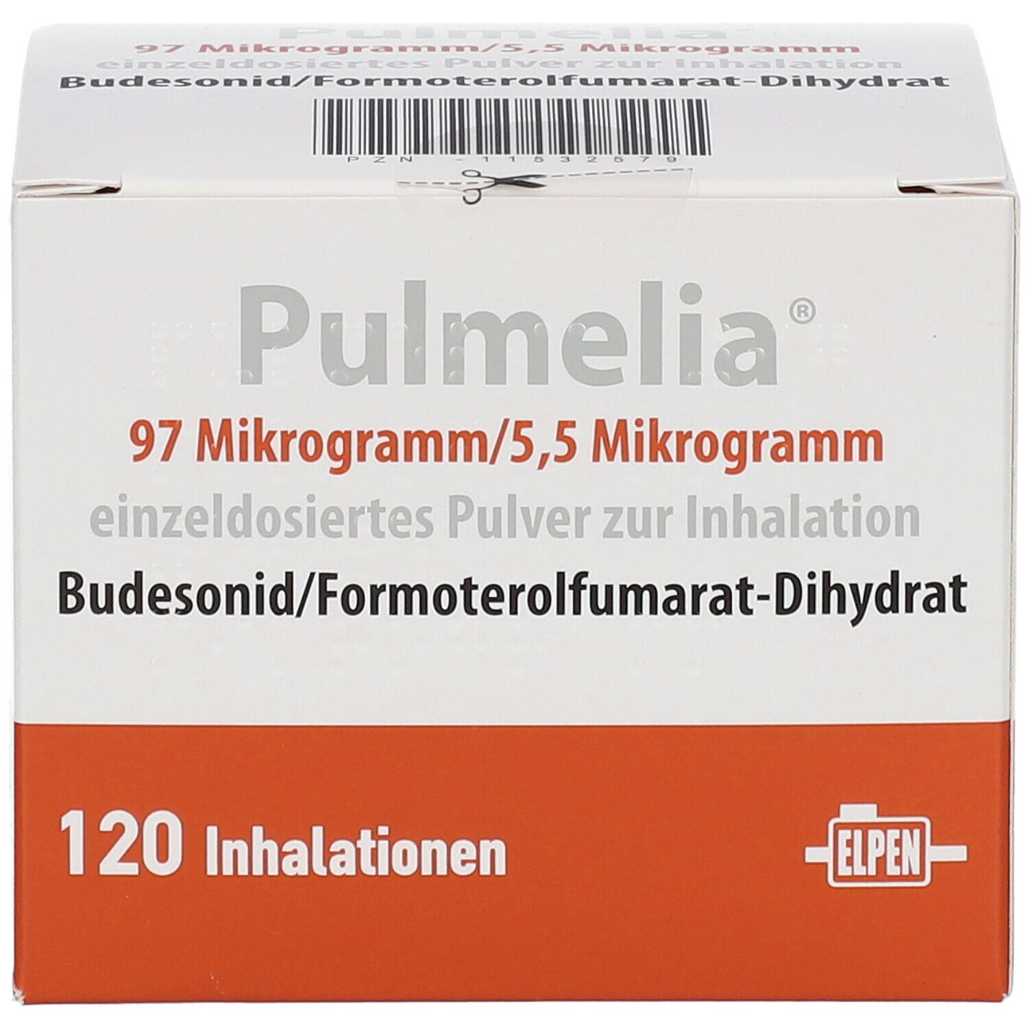 Pulmelia-Packung. Weiße Schachtel mit rotem Boden. Beschriftung: 97 Mikrogramm/5,5 Mikrogramm, 120 Inhalationen. ELPEN.