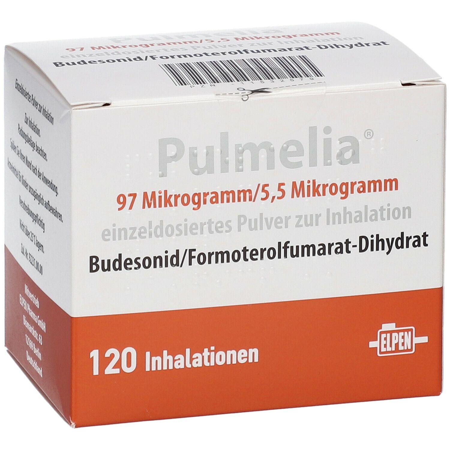 Pulmelia-Packung. Weiße Schachtel mit rotem Boden. Beschriftung: 97 Mikrogramm/5,5 Mikrogramm, 120 Inhalationen. ELPEN.