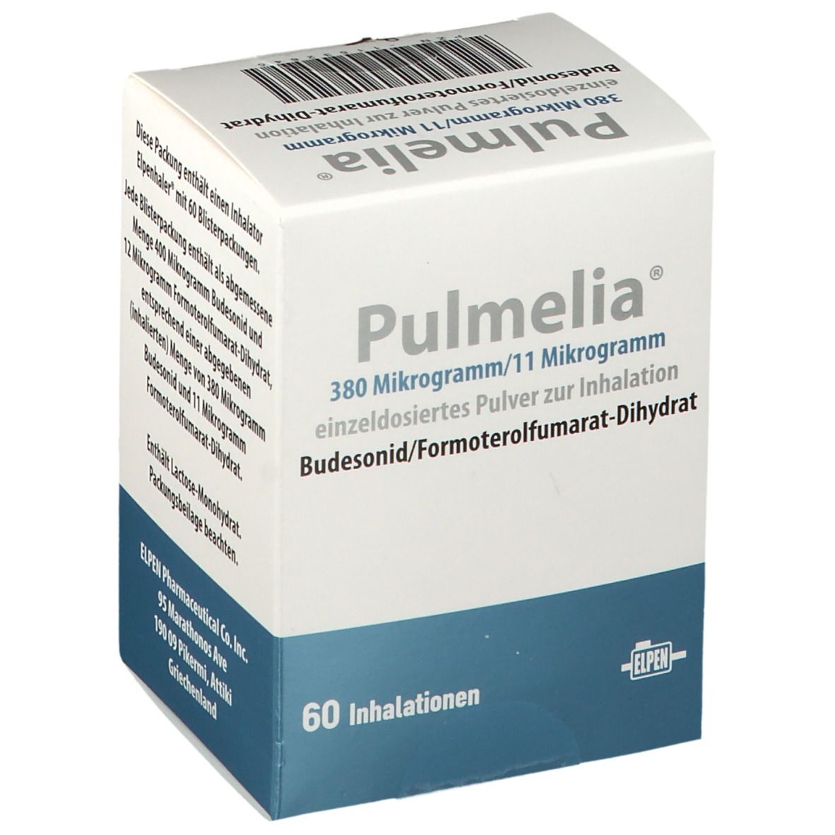 Pulmelia-Verpackung. Text: 380 Mikrogramm/11 Mikrogramm, einzeldosiertes Pulver zur Inhalation, Budesonid/Formoterolfumarat-Dihydrat. 60 Inhalationen.