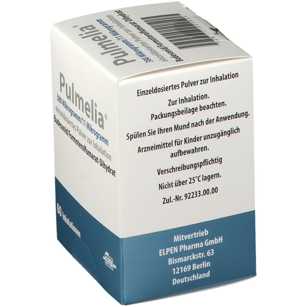 Pulmelia-Verpackung. Text: 380 Mikrogramm/11 Mikrogramm, einzeldosiertes Pulver zur Inhalation. 60 Inhalationen. Herstellerinformationen.
