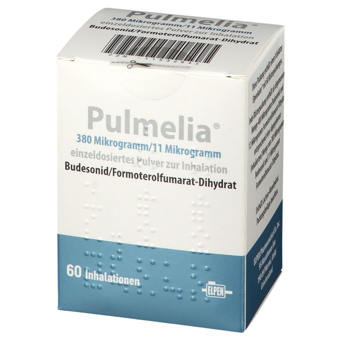 Pulmelia-Verpackung. Text: 380 Mikrogramm/11 Mikrogramm, einzeldosiertes Pulver zur Inhalation, Budesonid/Formoterolfumarat-Dihydrat. 60 Inhalationen.
