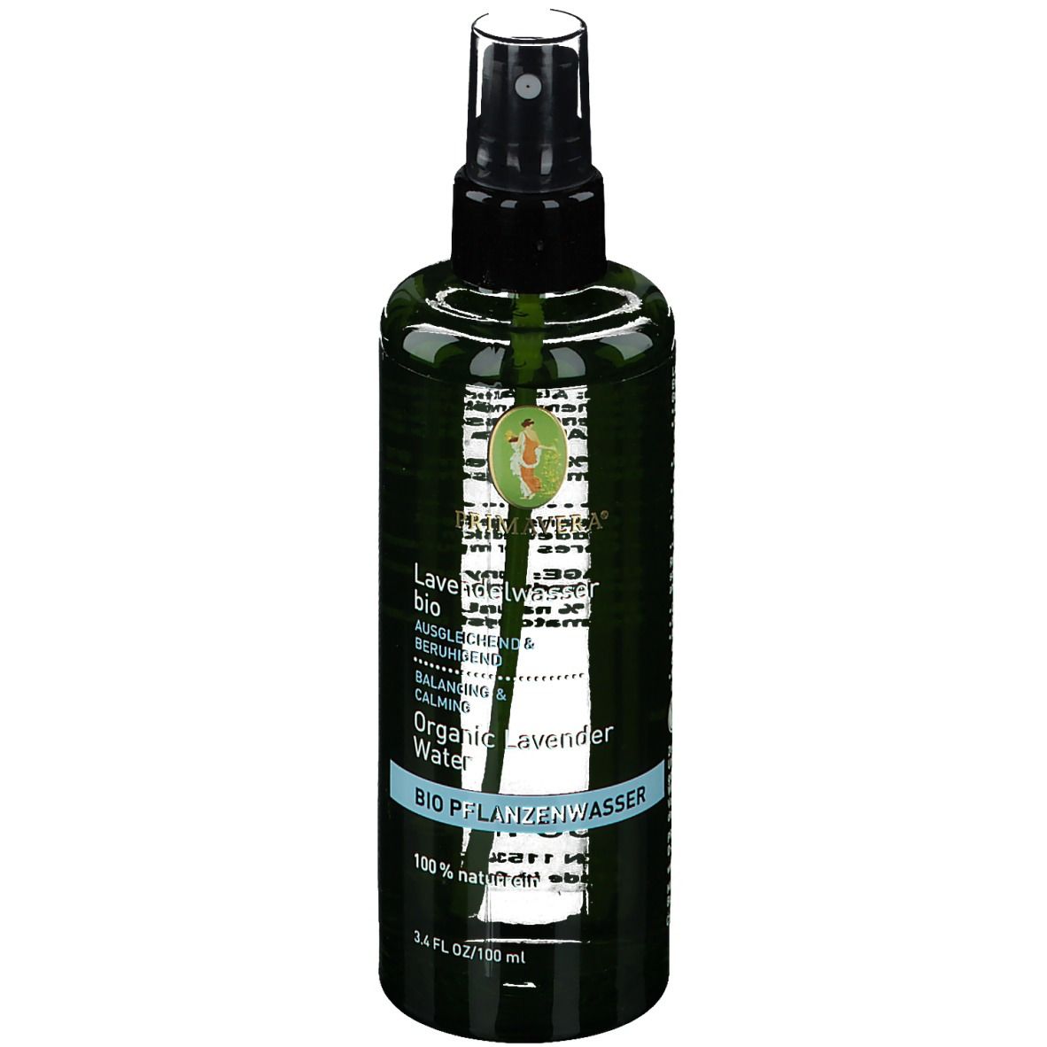 Grüne Sprühflasche mit schwarzem Sprühkopf. Beschriftung: Lavendelwasser bio, Organic lavender water. 100% natürlich.