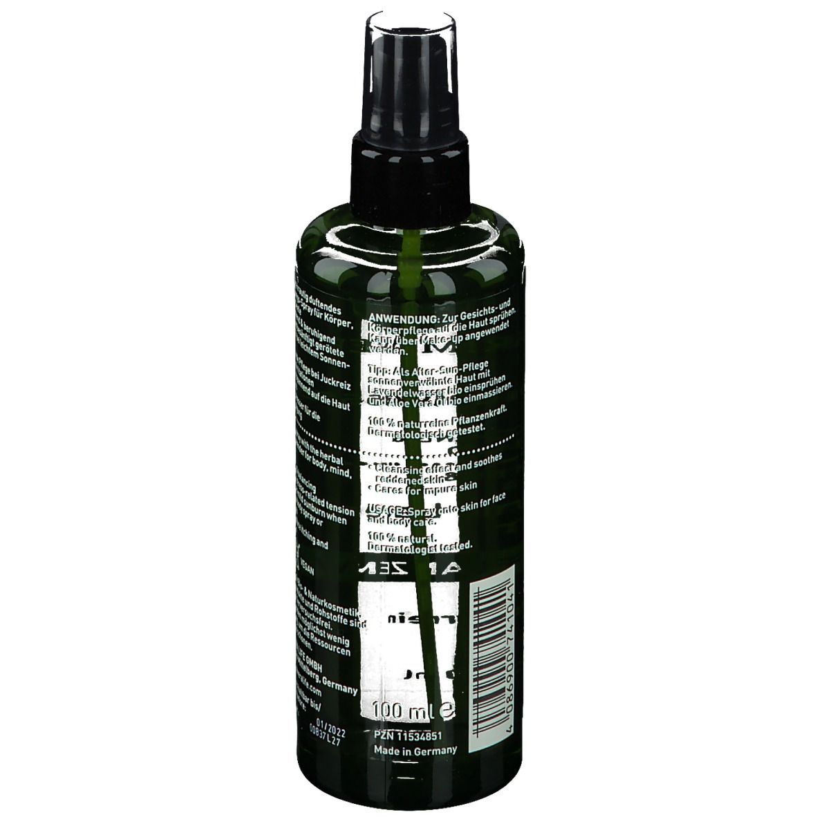 Rückseite der grünen Sprühflasche. Text: Anwendung, 100% natürlich, 100 ml. Barcode und Herstellerangaben.