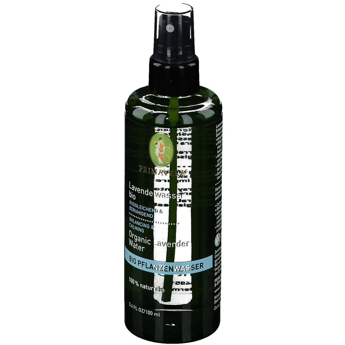 Grüne Sprühflasche mit schwarzem Sprühkopf. Beschriftung: Lavendelwasser bio, Organic lavender water. 100% natürlich.