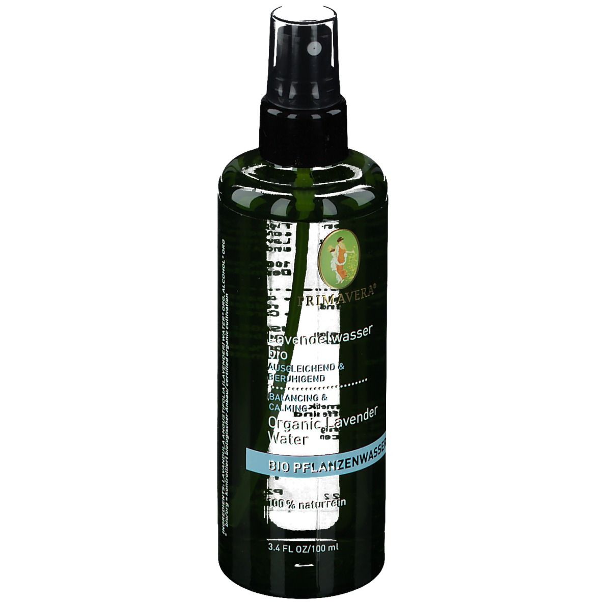 Grüne Sprühflasche mit schwarzem Sprühkopf. Beschriftung: Lavendelwasser bio, Organic lavender water. 100% natürlich.