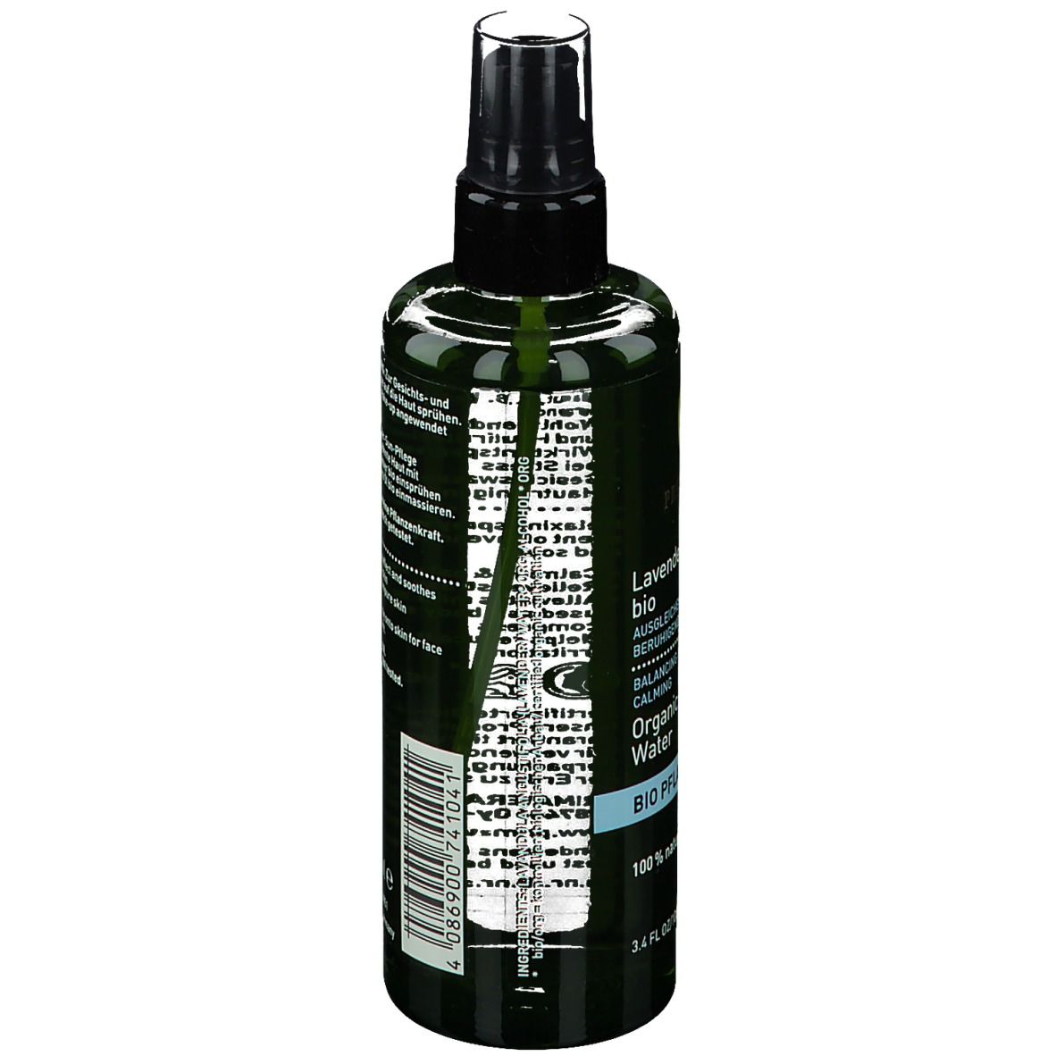 Rückseite der grünen Sprühflasche. Text: Anwendung, 100% natürlich, 100 ml. Barcode und Herstellerangaben.