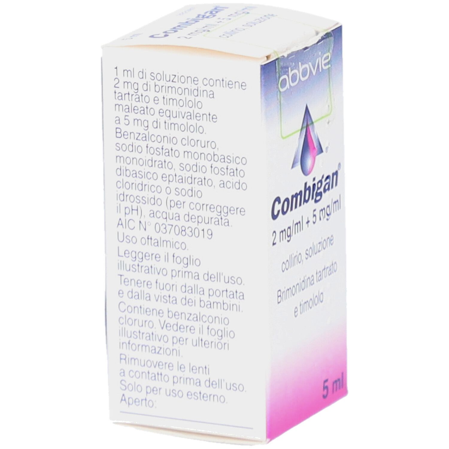 Karton von COMBIGAN Augentropfen. Enthält Inhaltsstoffe und Anwendungshinweise. 5 ml.