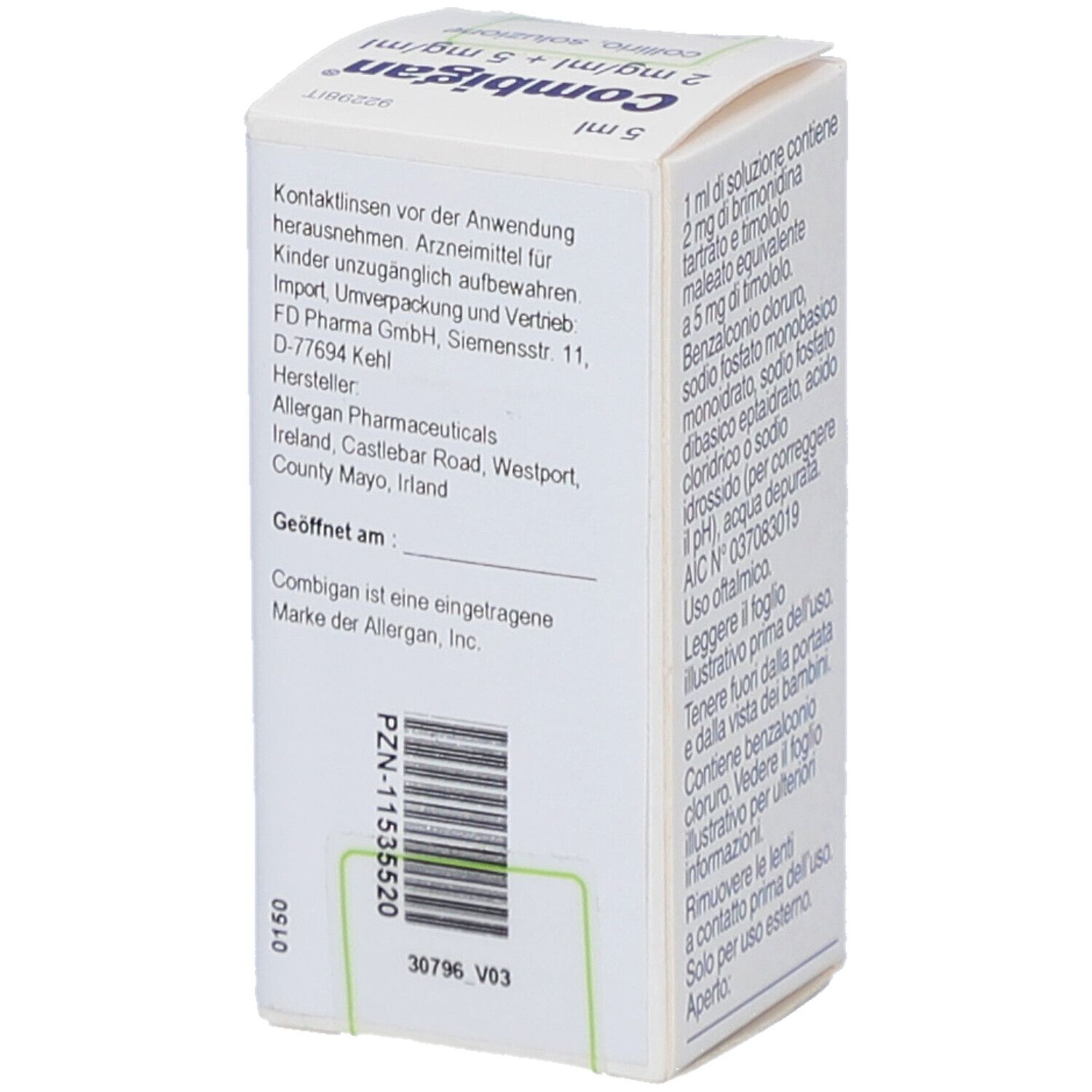 Rückseite der COMBIGAN Augentropfen-Verpackung. Enthält Informationen und Barcode. 5 ml.