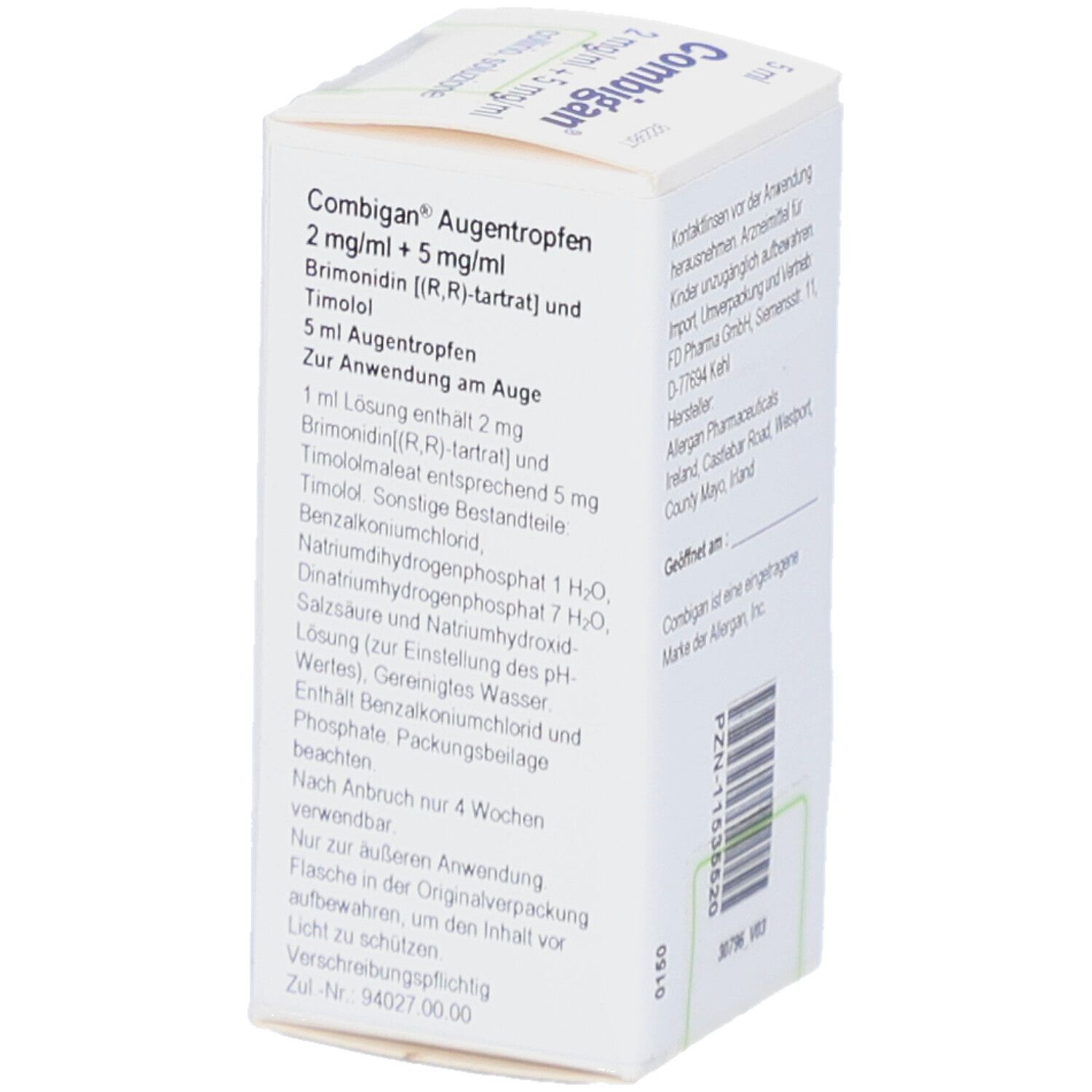 Karton von COMBIGAN Augentropfen. Enthält Inhaltsstoffe und Anwendungshinweise. 5 ml.