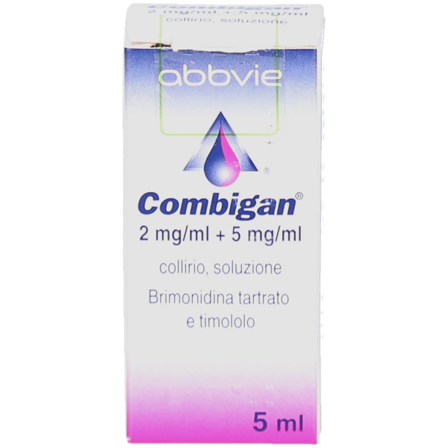 Karton von COMBIGAN Augentropfen. Enthält 2 mg/ml + 5 mg/ml. Mit Logo und Inhaltsangaben. 5 ml.