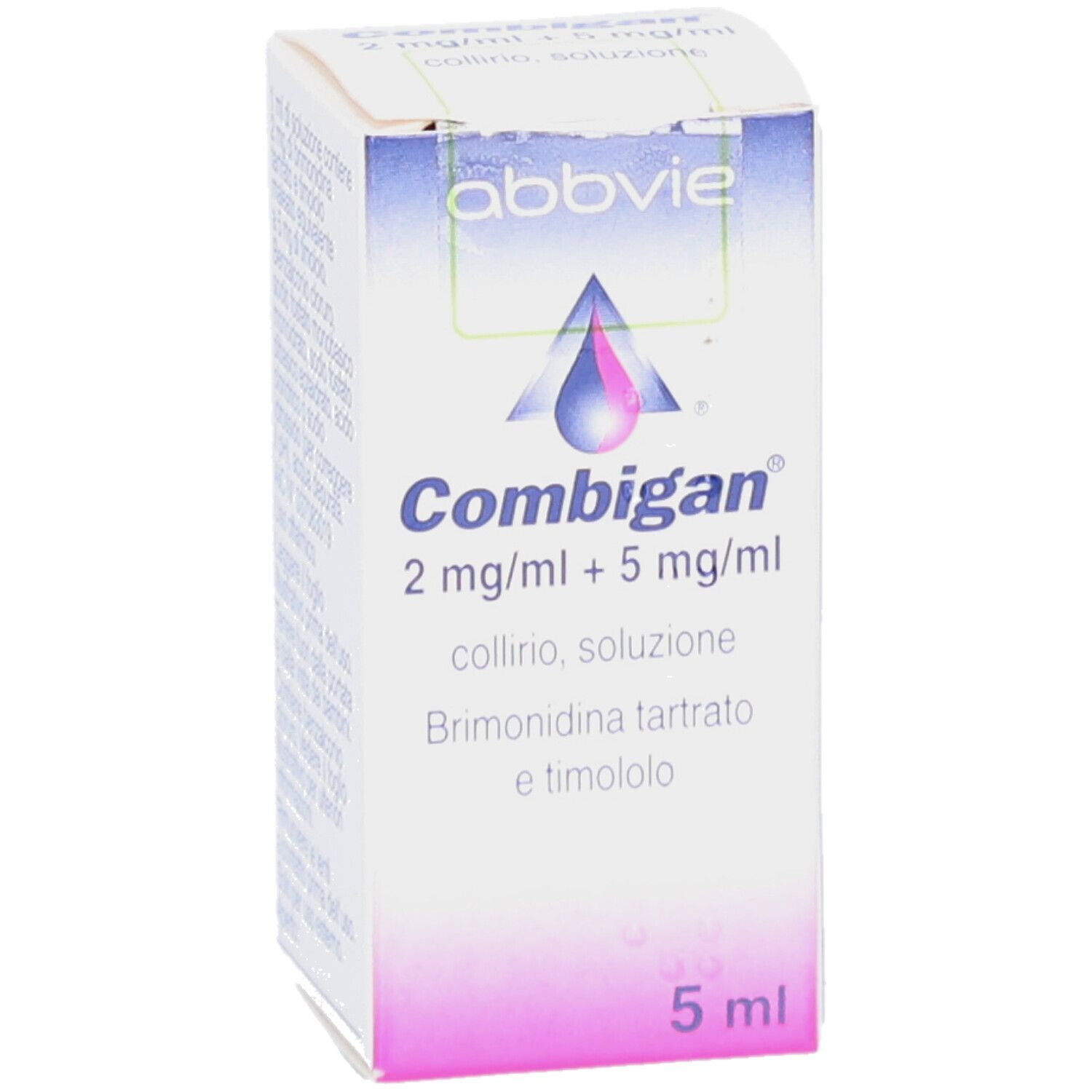 Karton von COMBIGAN Augentropfen. Enthält 2 mg/ml + 5 mg/ml. Mit Logo und Inhaltsangaben. 5 ml.