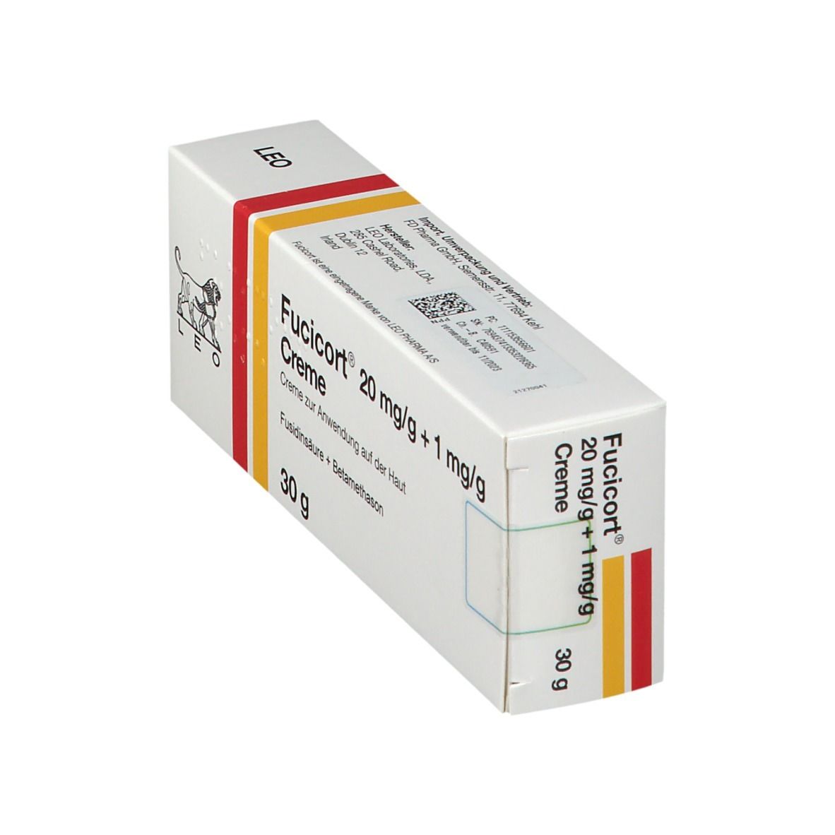 Schräg gestellte weiße Faltschachtel mit rotem und gelbem Streifen. Aufschrift: Fucicort 20 mg/g + 1 mg/g Creme. 30 g.