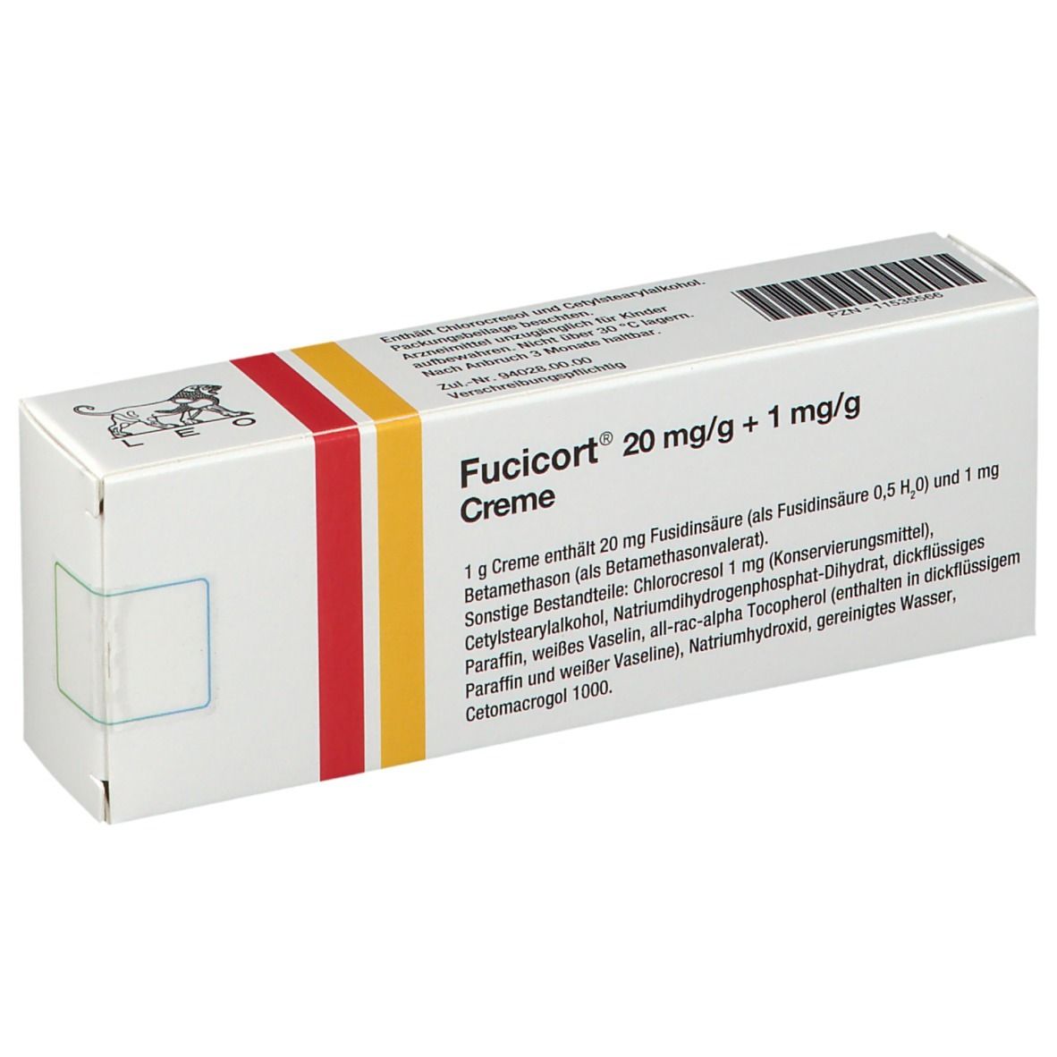Weiße Faltschachtel mit Text und Inhaltsstoffen. Aufschrift: Fucicort 20 mg/g + 1 mg/g Creme. 30 g.