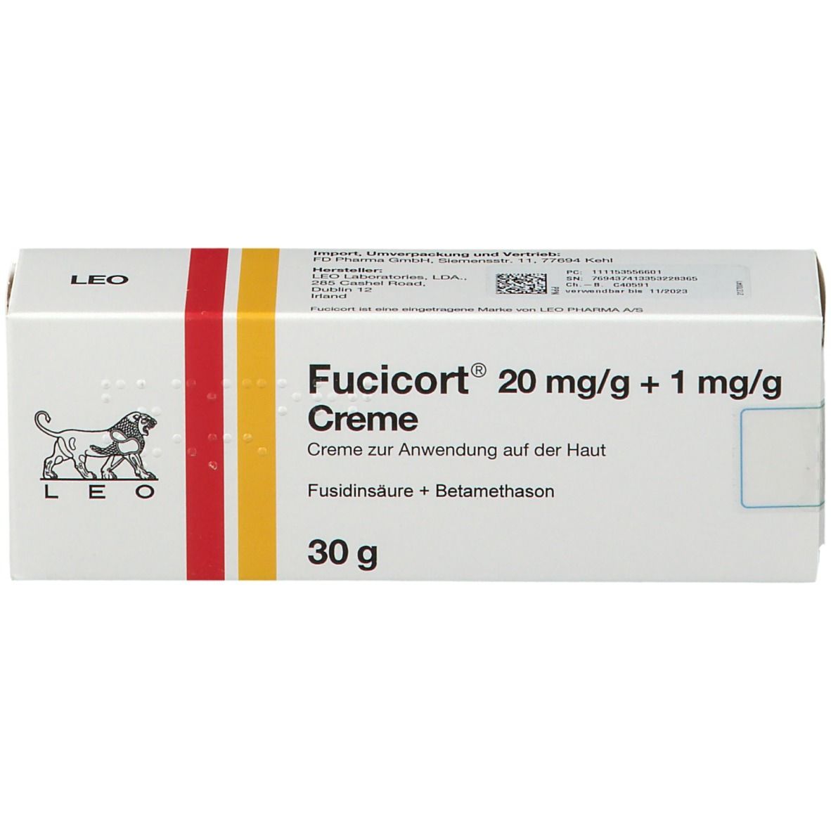 Weiße Faltschachtel mit rotem und gelbem Streifen. Aufschrift: Fucicort 20 mg/g + 1 mg/g Creme. 30 g.