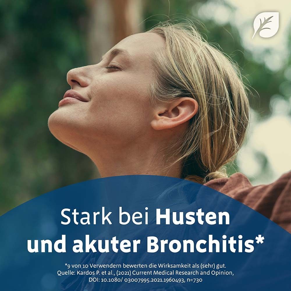 Frau mit geschlossenen Augen. Text: Stark bei Husten und akuter Bronchitis.