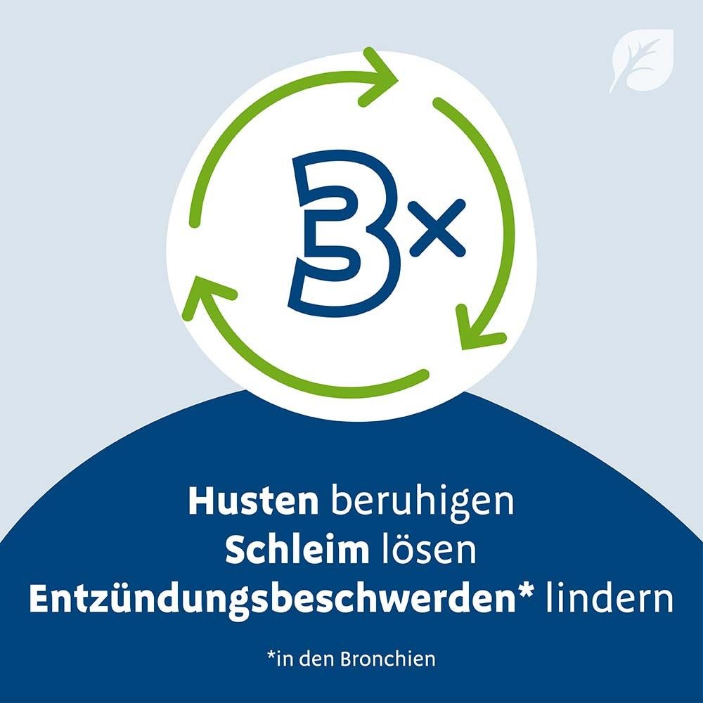 Kreisförmige Grafik mit grünen Pfeilen und der Zahl 3. Text: Husten beruhigen, Schleim lösen, Entzündungsbeschwerden lindern.