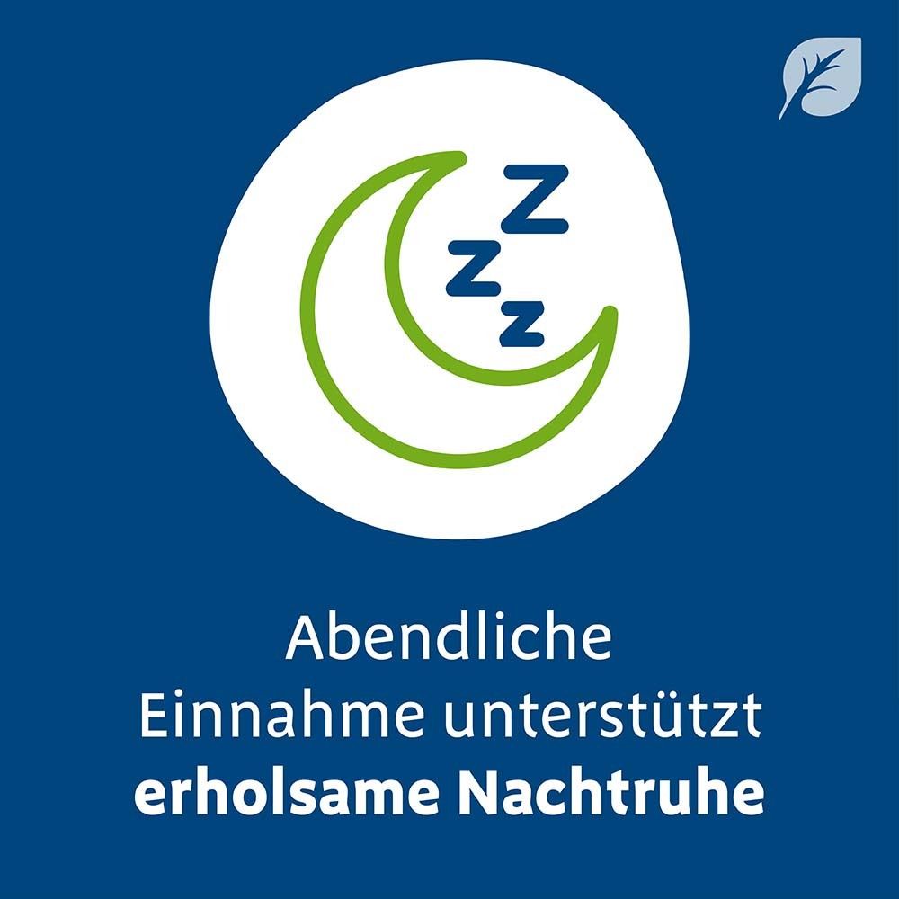Mond-Symbol. Text: Abendliche Einnahme unterstützt erholsame Nachtruhe.