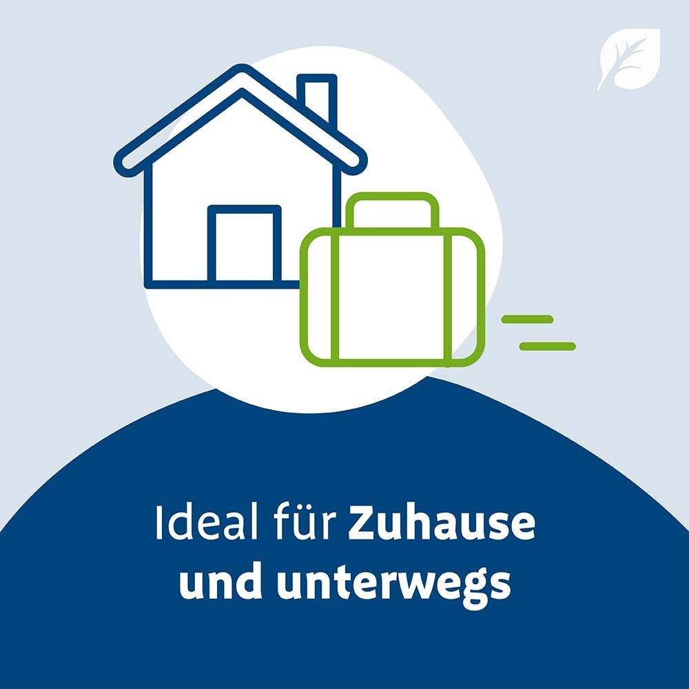 Haus- und Koffersymbol. Text: Ideal für Zuhause und unterwegs.