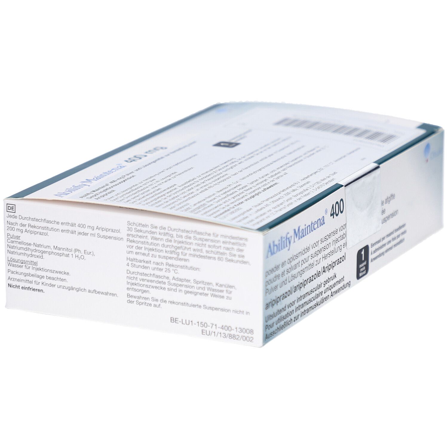 Schachtel ABILIFY Maintena 400, schräg. Text auf der Verpackung. Enthält Informationen zur Anwendung und Zusammensetzung.