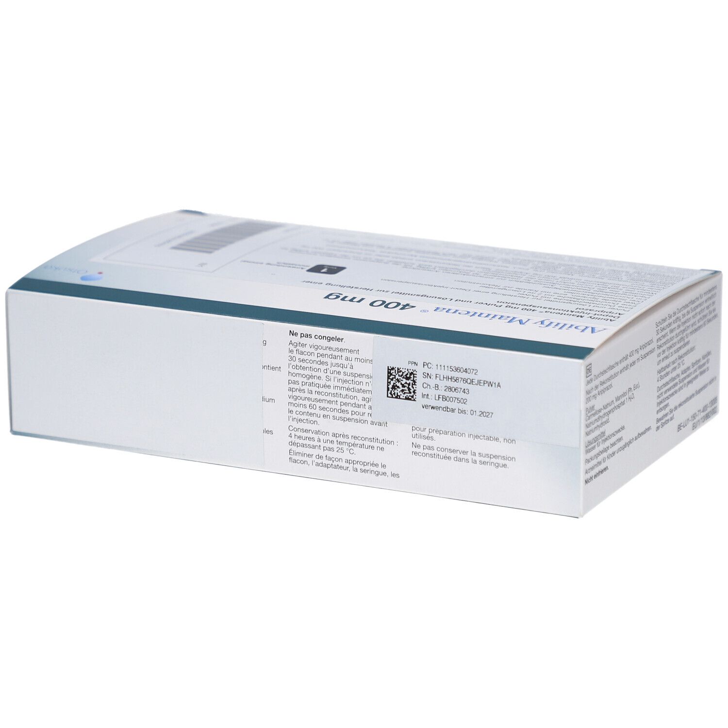 Schachtel ABILIFY Maintena 400, Rückseite. Text auf der Verpackung. Enthält Informationen zur Anwendung und Zusammensetzung.