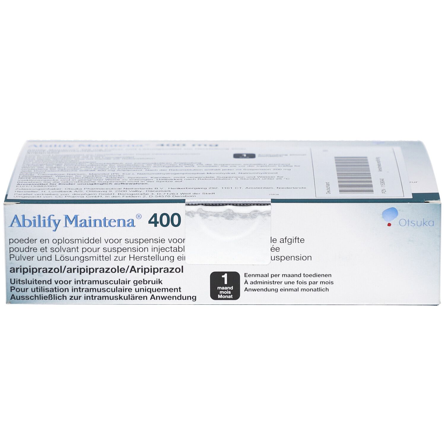 Schachtel ABILIFY Maintena 400. Aufschrift: Pulver und Lösungsmittel zur Herstellung einer Injektionssuspension. 1 Durchstechflasche.