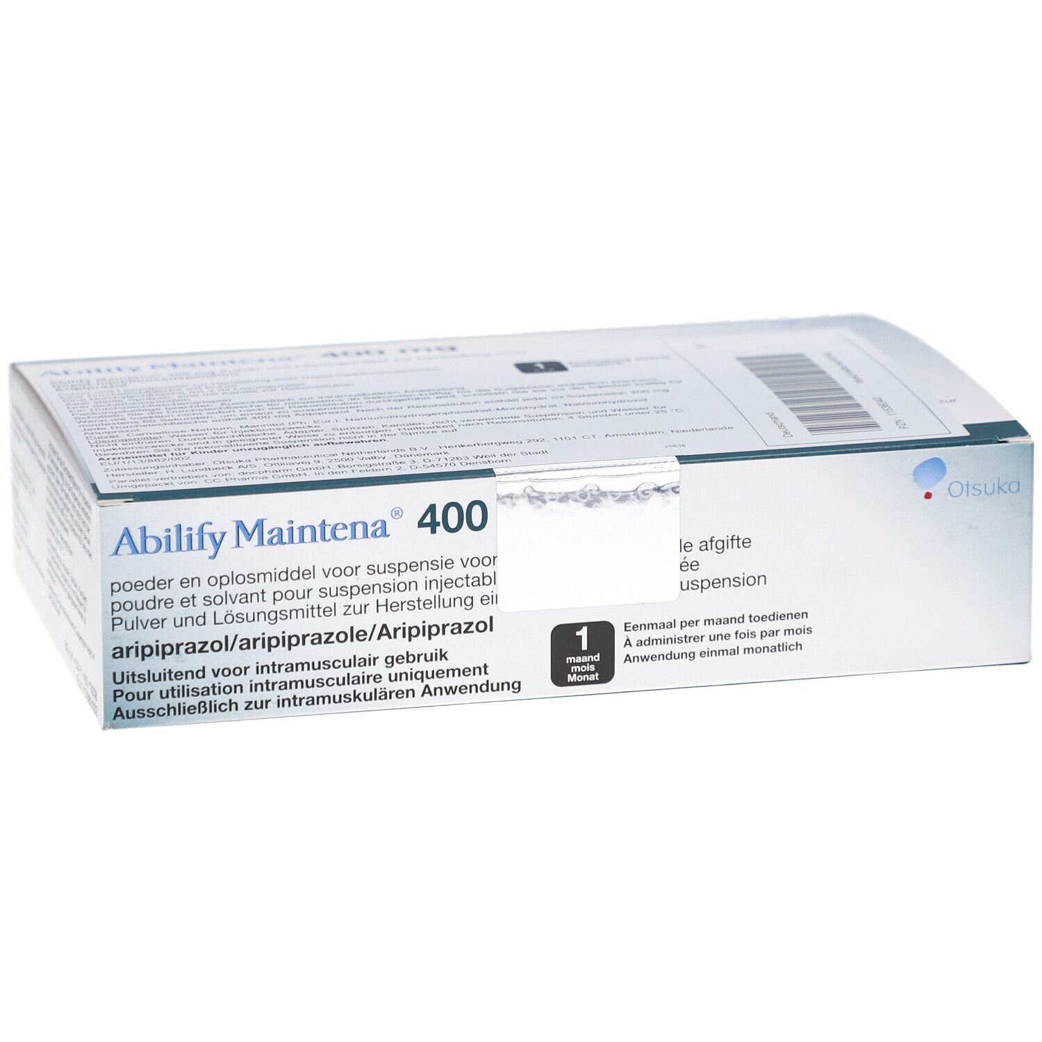 Schachtel ABILIFY Maintena 400. Aufschrift: Pulver und Lösungsmittel zur Herstellung einer Injektionssuspension. 1 Durchstechflasche.