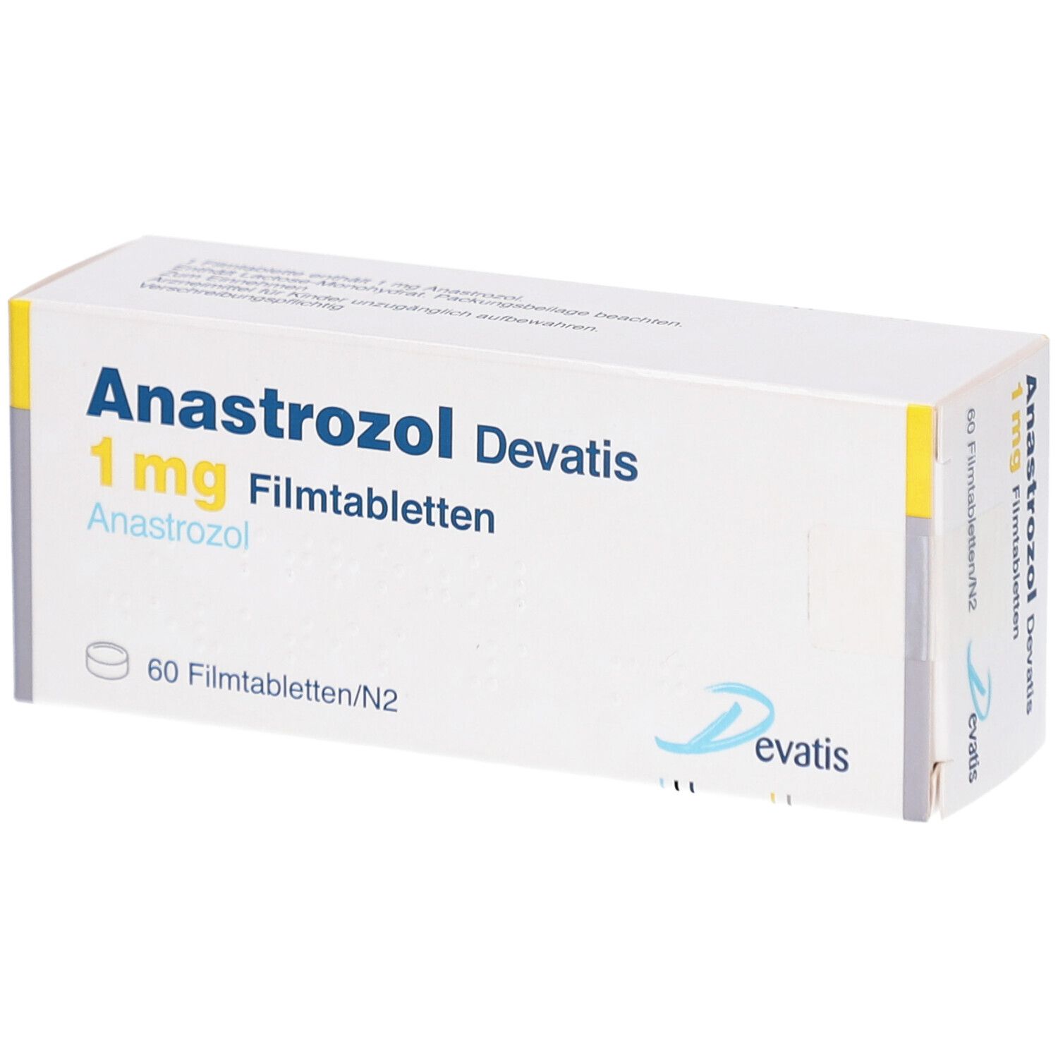 Schachtel mit ANASTROZOL DEVATIS 1 mg Filmtabletten. Aufschrift: 60 Filmtabletten. Marke Devatis.