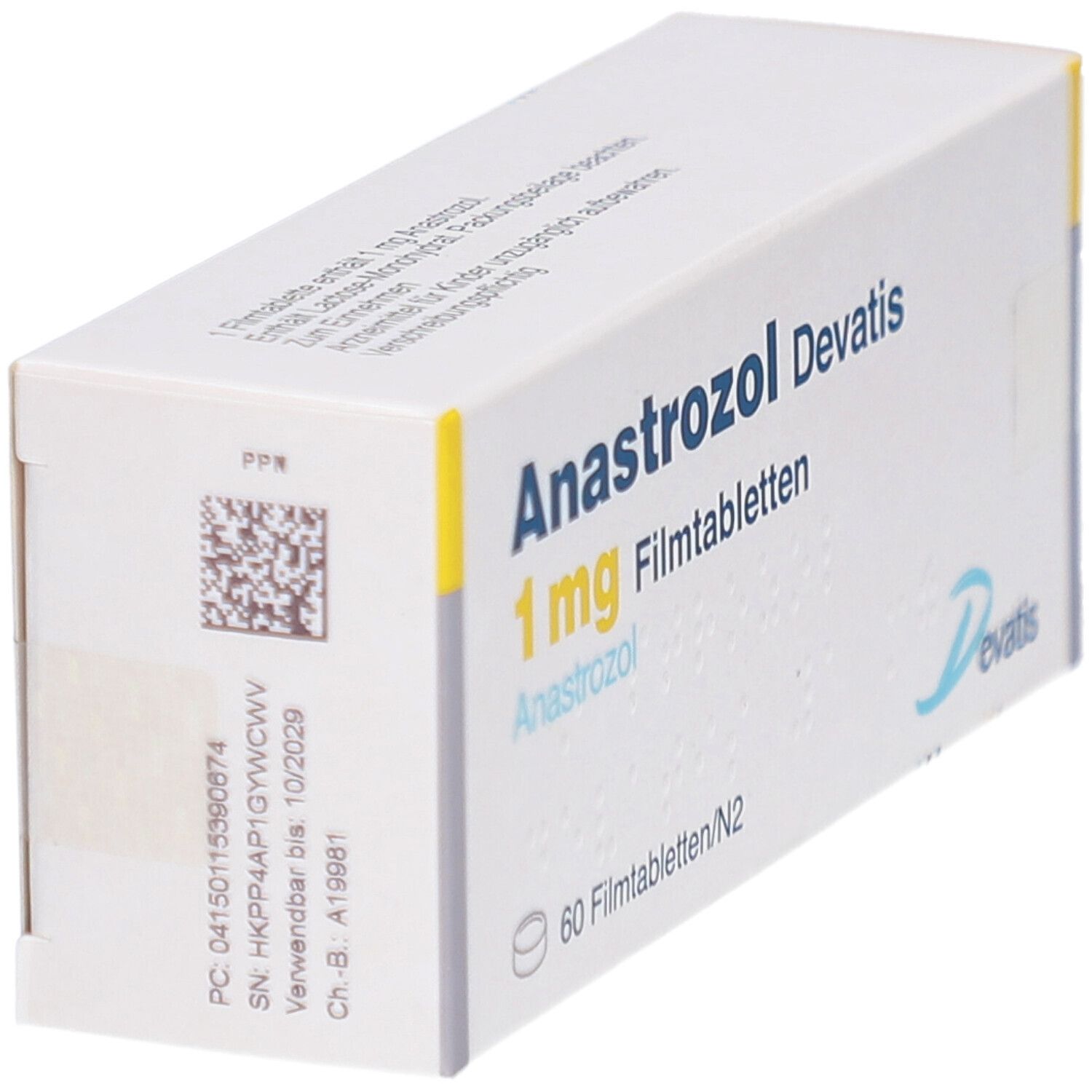 Schachtel ANASTROZOL DEVATIS 1 mg Filmtabletten. Aufschrift: 60 Filmtabletten. Marke Devatis. Mit Barcode.