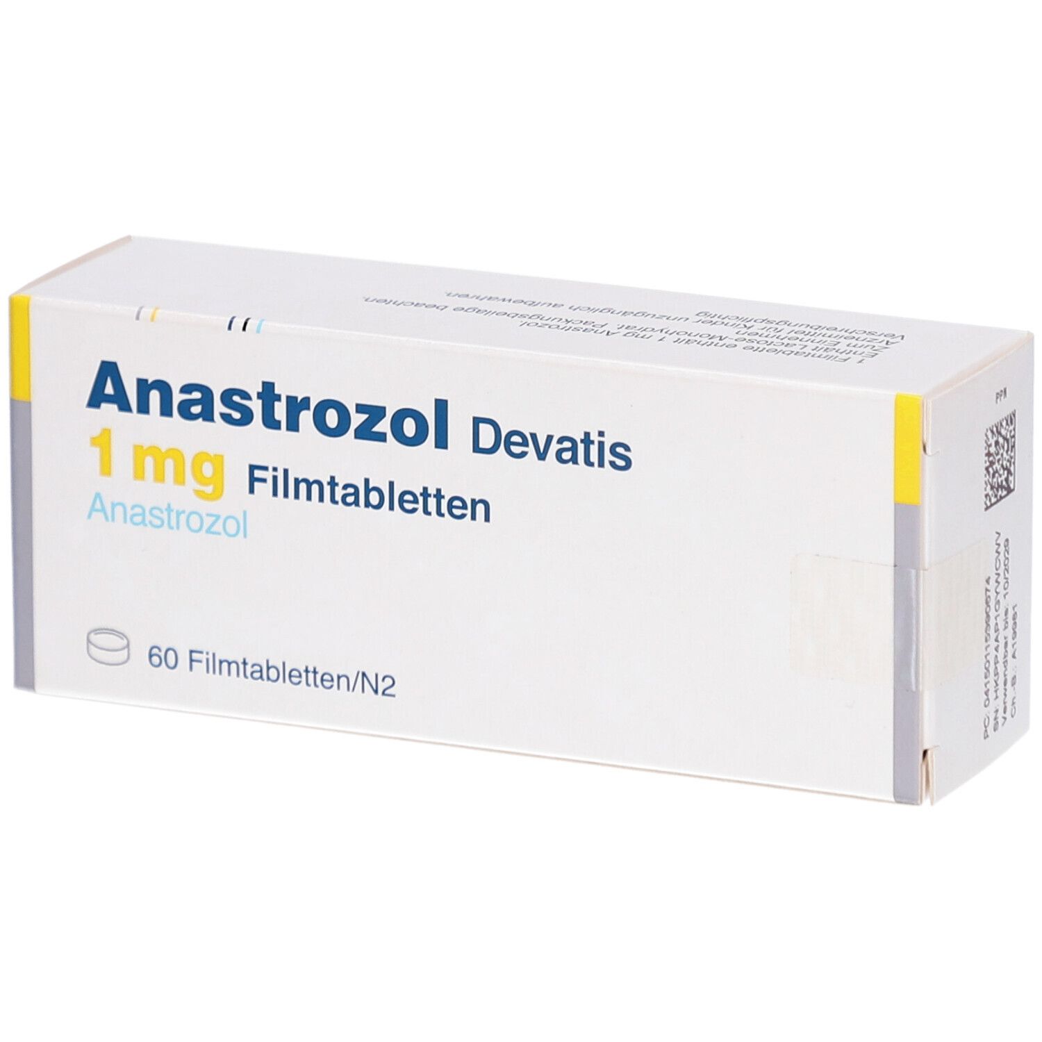 Schachtel mit ANASTROZOL DEVATIS 1 mg Filmtabletten. Aufschrift: 60 Filmtabletten. Marke Devatis.