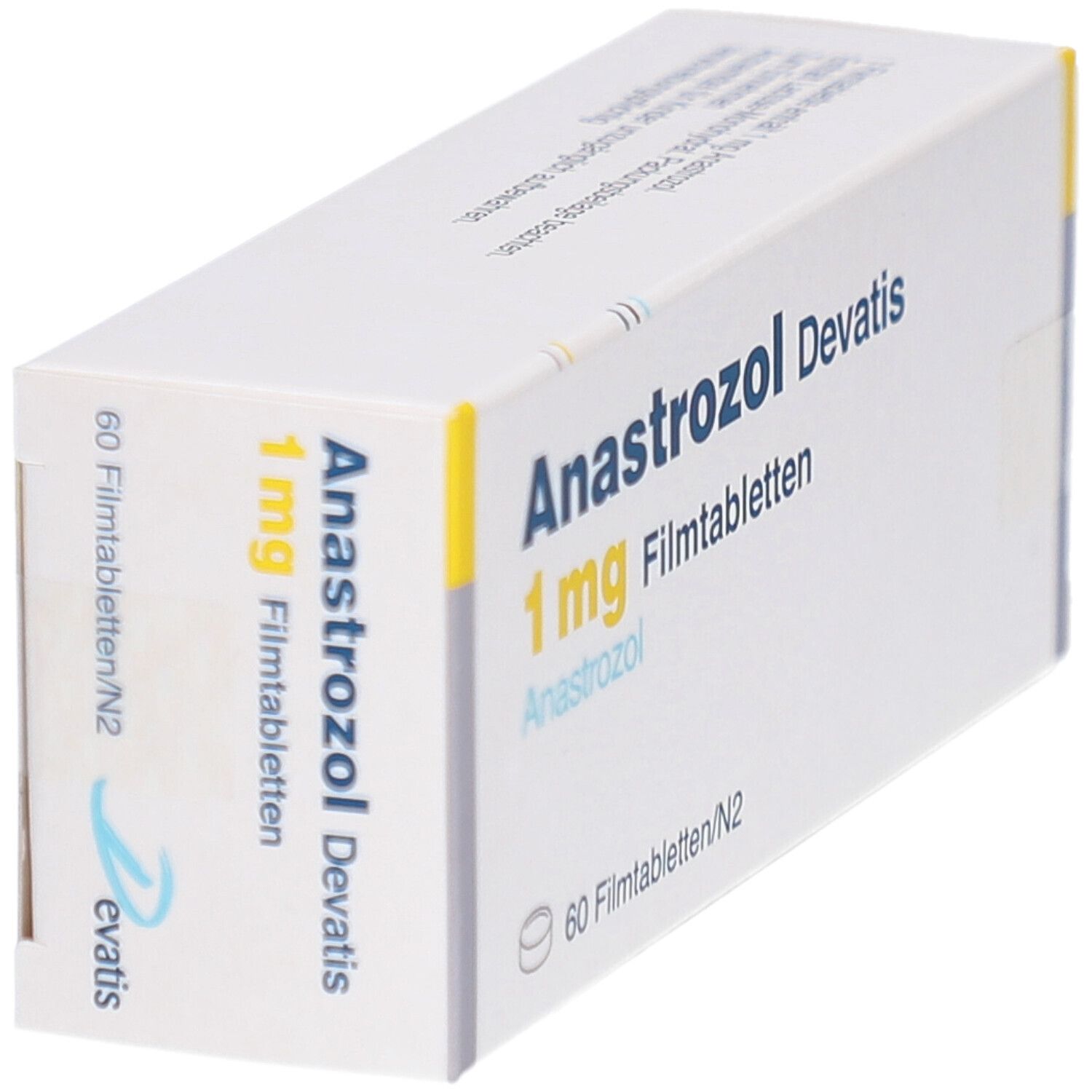 Schachtel ANASTROZOL DEVATIS 1 mg Filmtabletten. Aufschrift: 60 Filmtabletten. Marke Devatis.