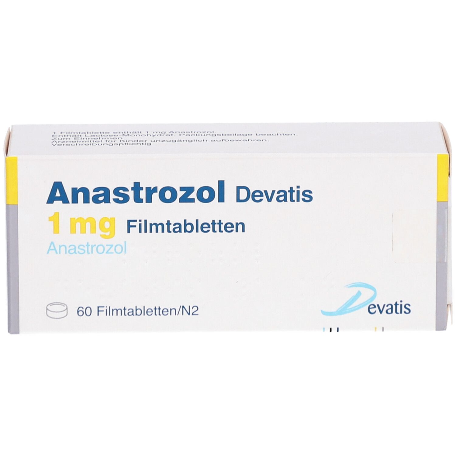 Schachtel mit ANASTROZOL DEVATIS 1 mg Filmtabletten. Aufschrift: 60 Filmtabletten. Marke Devatis.