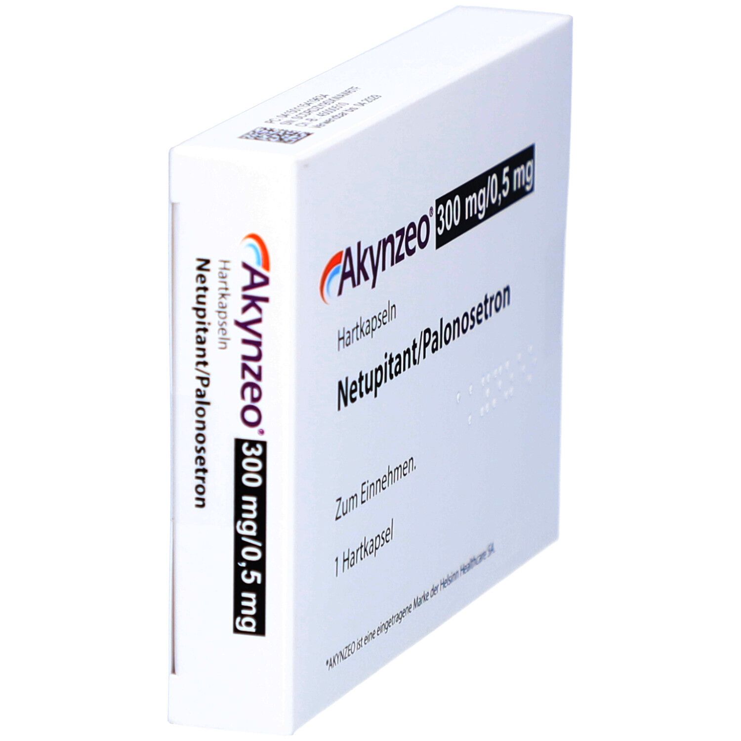 Weiße Schachtel mit Akynzeo-Logo und Aufschrift 300 mg/0,5 mg. Enthält Hartkapseln, Netupitant/Palonosetron. Zum Einnehmen. 1 Hartkapsel.
