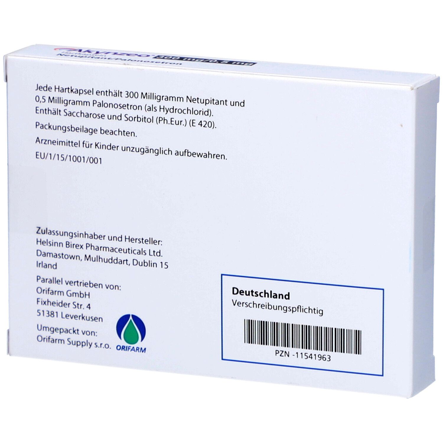 Rückseite einer weißen Schachtel. Enthält Informationen zu Inhaltsstoffen, Hersteller, Vertrieb und PZN-Nummer. Text in Deutsch.