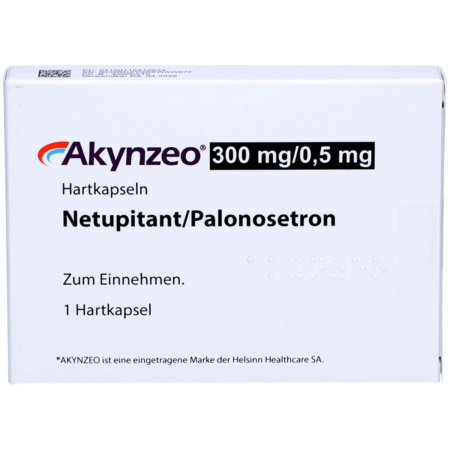 Weiße Schachtel mit Akynzeo-Logo und Aufschrift 300 mg/0,5 mg. Enthält Hartkapseln, Netupitant/Palonosetron. Zum Einnehmen. 1 Hartkapsel.